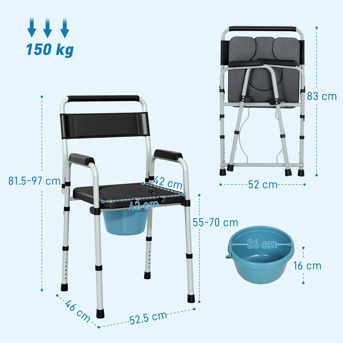 HOMCOM Lightweight Non-Slip Commode, Height Adjustable Commode Toilet Chair with Arms and Back, Black