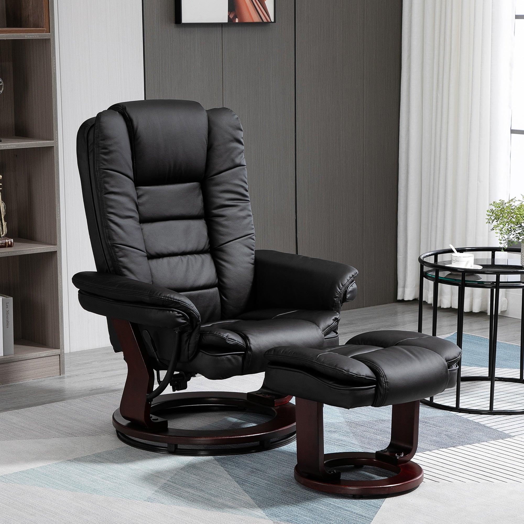 HOMCOM Manual Recliner and Footrest Set PU Leather Leisure Lounge Chair Armchair with Swivel Wood Base, Black - North Peak Garden Furniture