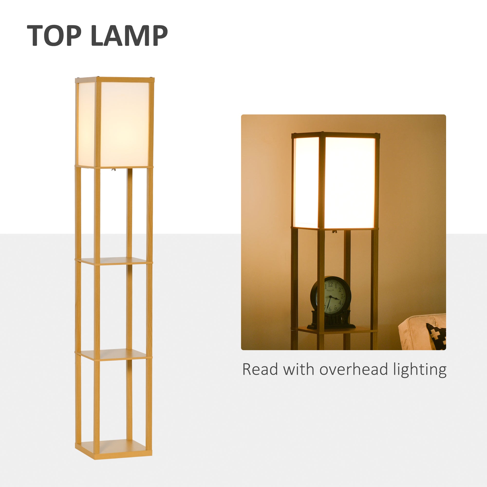 HOMCOM 3-Tier Floor Lamp, Floor Light with Storage Shelf, Reading Standing Lamp for Living Room, Bedroom, Kitchen, Dining Room, Office, Dorm, 160cm, Natural