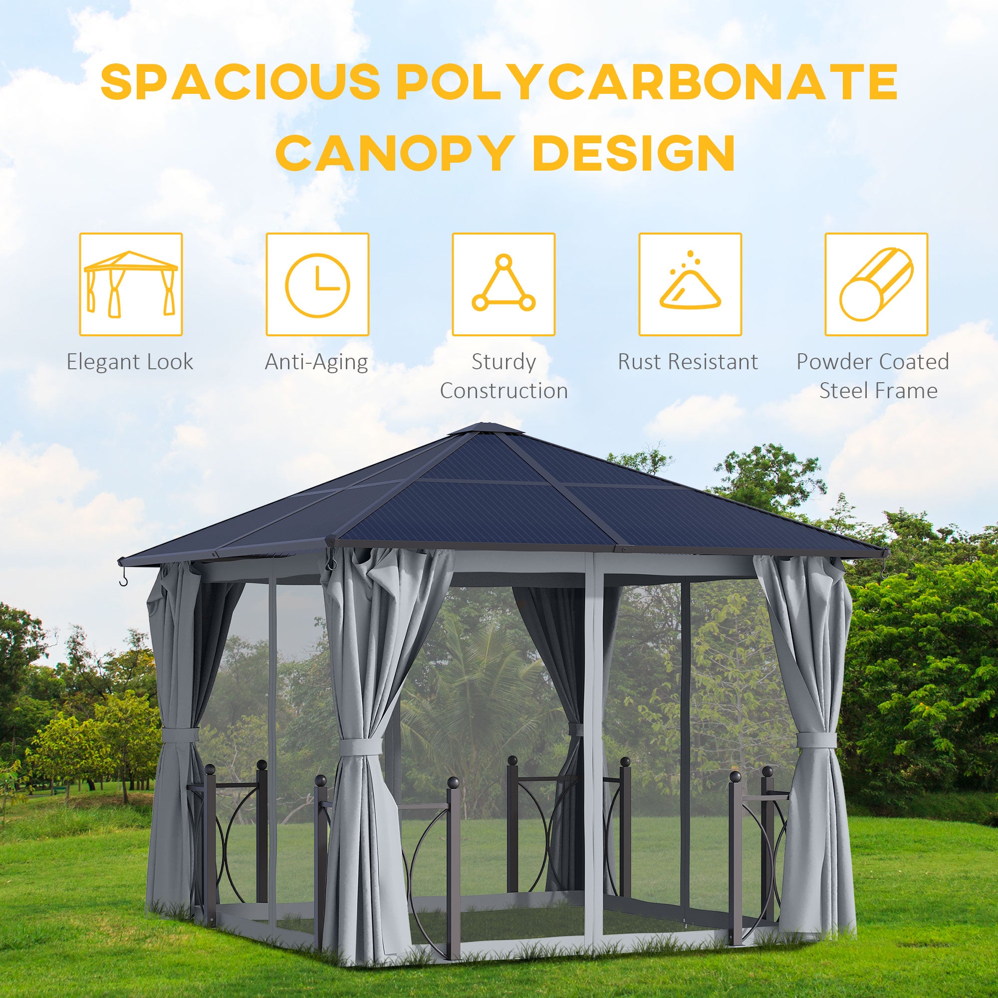 Outsunny 3 x 3(m) Hardtop Gazebo Canopy with Polycarbonate Roof, Steel & Aluminium Frame, Garden Pavilion with Mosquito Netting and Curtains, Black - North Peak Garden Furniture