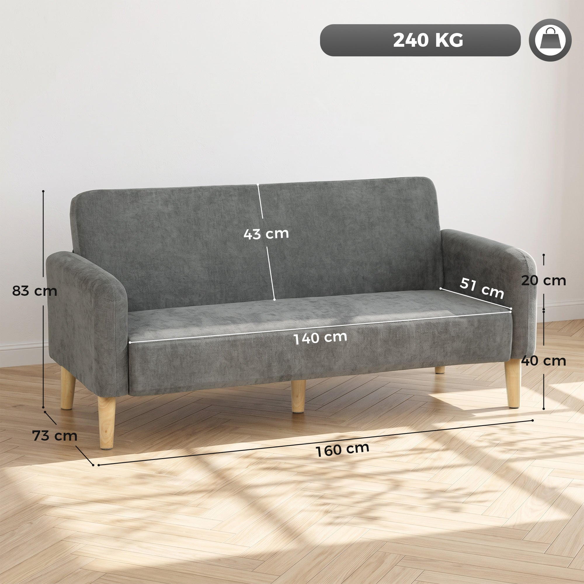 HOMCOM 2 Seater Sofa, Velvet Small Couch with 20cm Thick Padding, Wide and Deep Seat, Grey