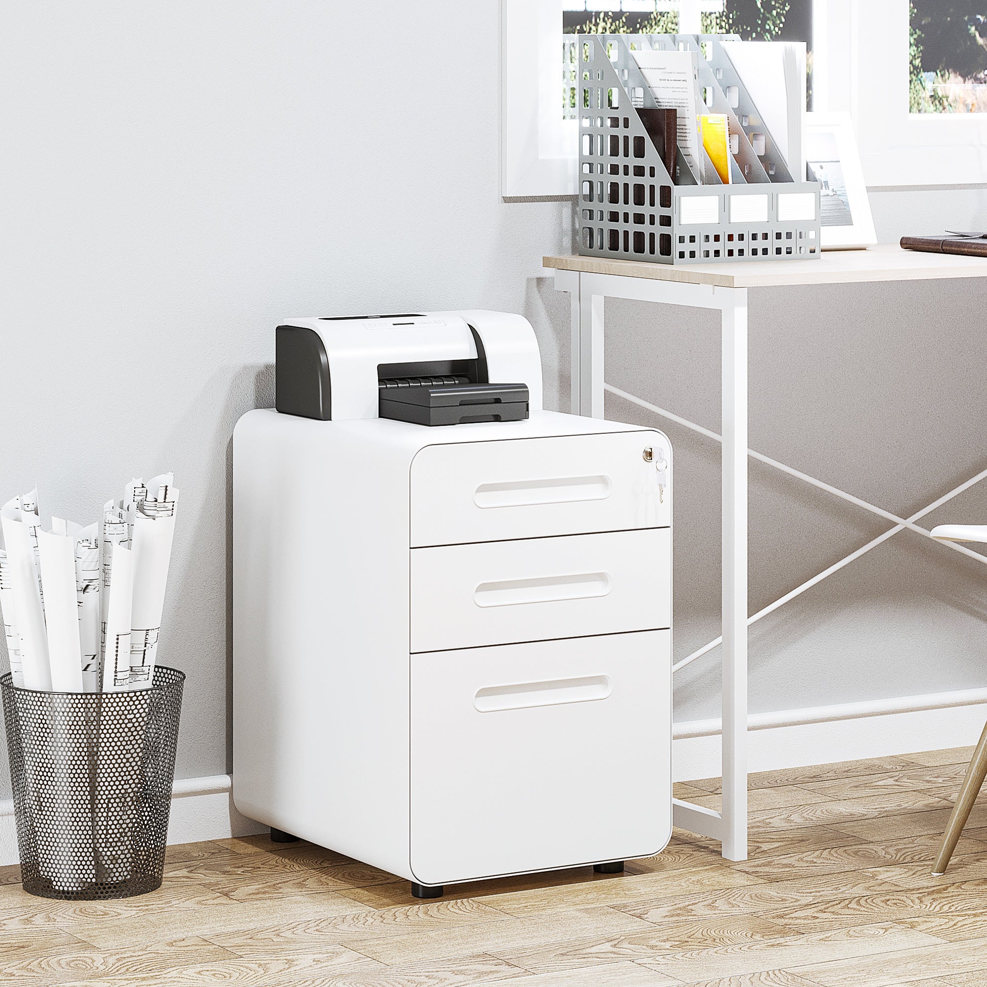 Vinsetto Lockable File Cabinet with 3 Drawers, Vertical Office Drawer for A4, Letter, Legal Size, Anti-tilt Design, Pre-Assembled Body, White - North Peak Garden Furniture