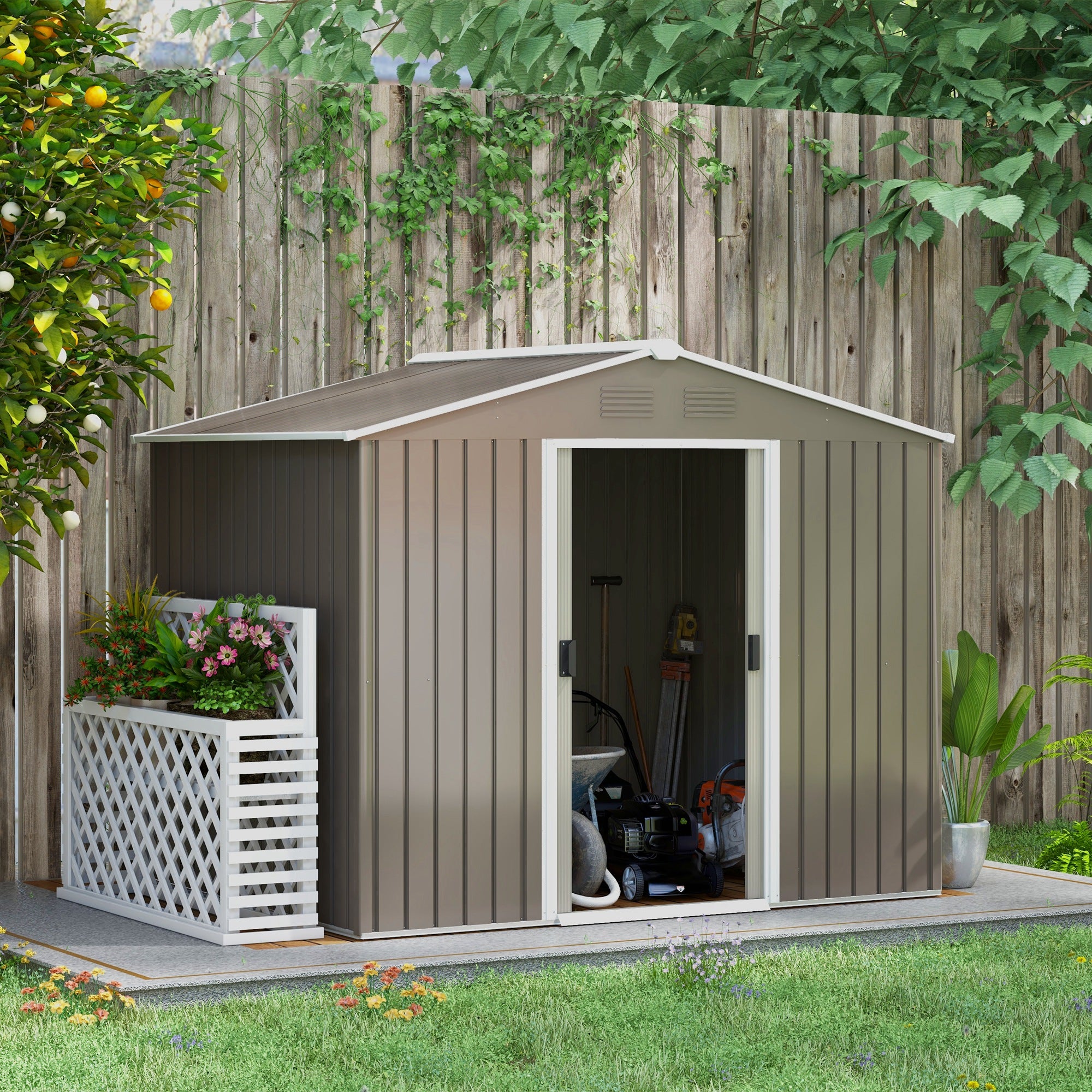 Outsunny 8 x 6ft Outdoor Garden Storage Shed, Metal Tool House with Ventilation and Sliding Doors, Light Grey - North Peak Garden Furniture