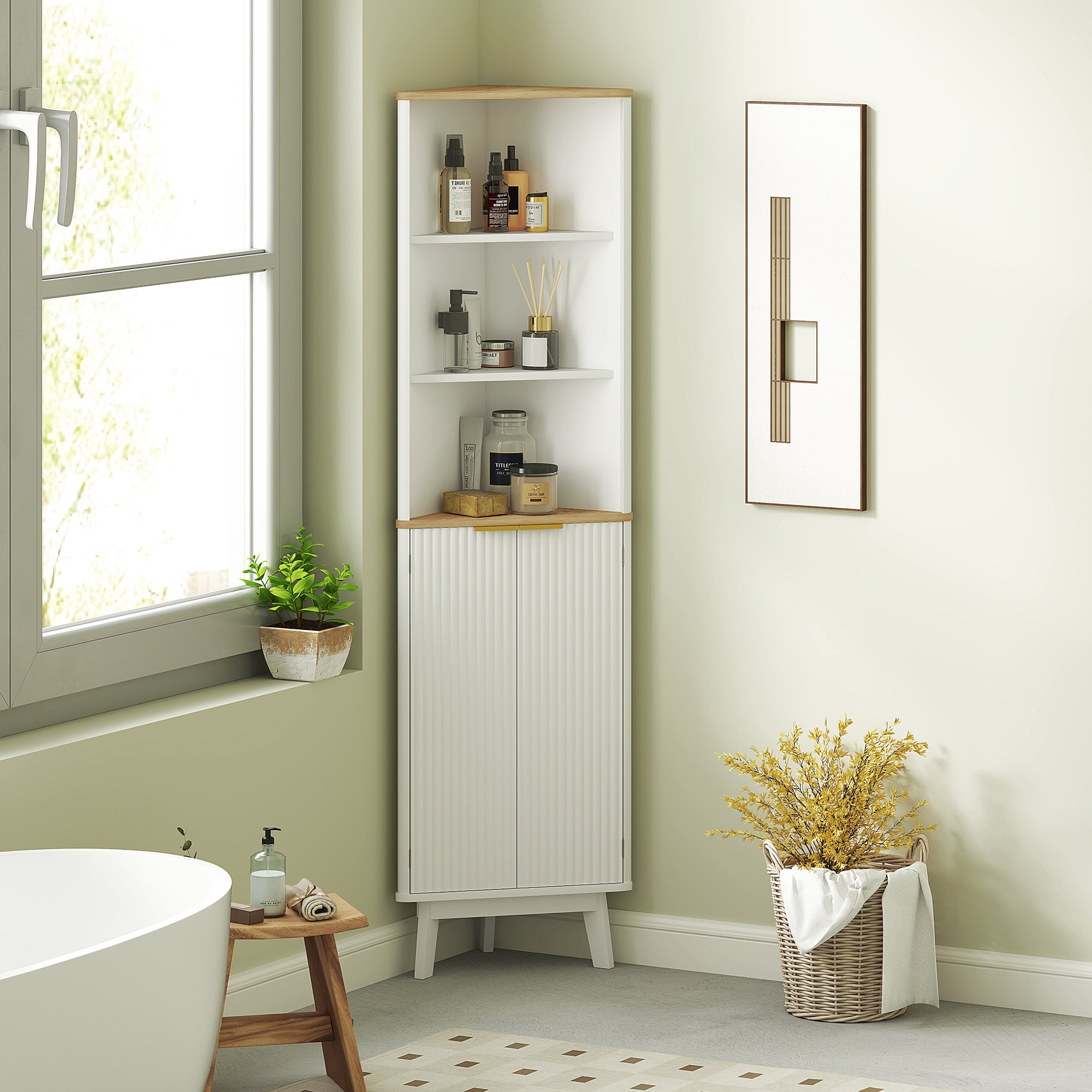 HOMCOM Tall Bathroom Storage Cabinet, Slim Bathroom Storage Unit with Doors and Adjustable Shelves, Freestanding Bathroom Cabinet with Curved Profile Design, White - North Peak Garden Furniture
