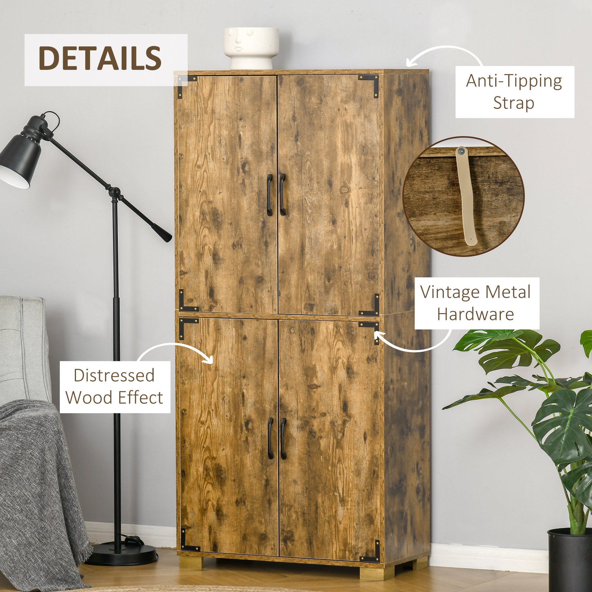 HOMCOM Farmhouse 4-Door Cabinet, Freestanding Tall Cupboard with Storage Shelves for Bedroom & Living Room, Rustic Wood Effect - North Peak Garden Furniture