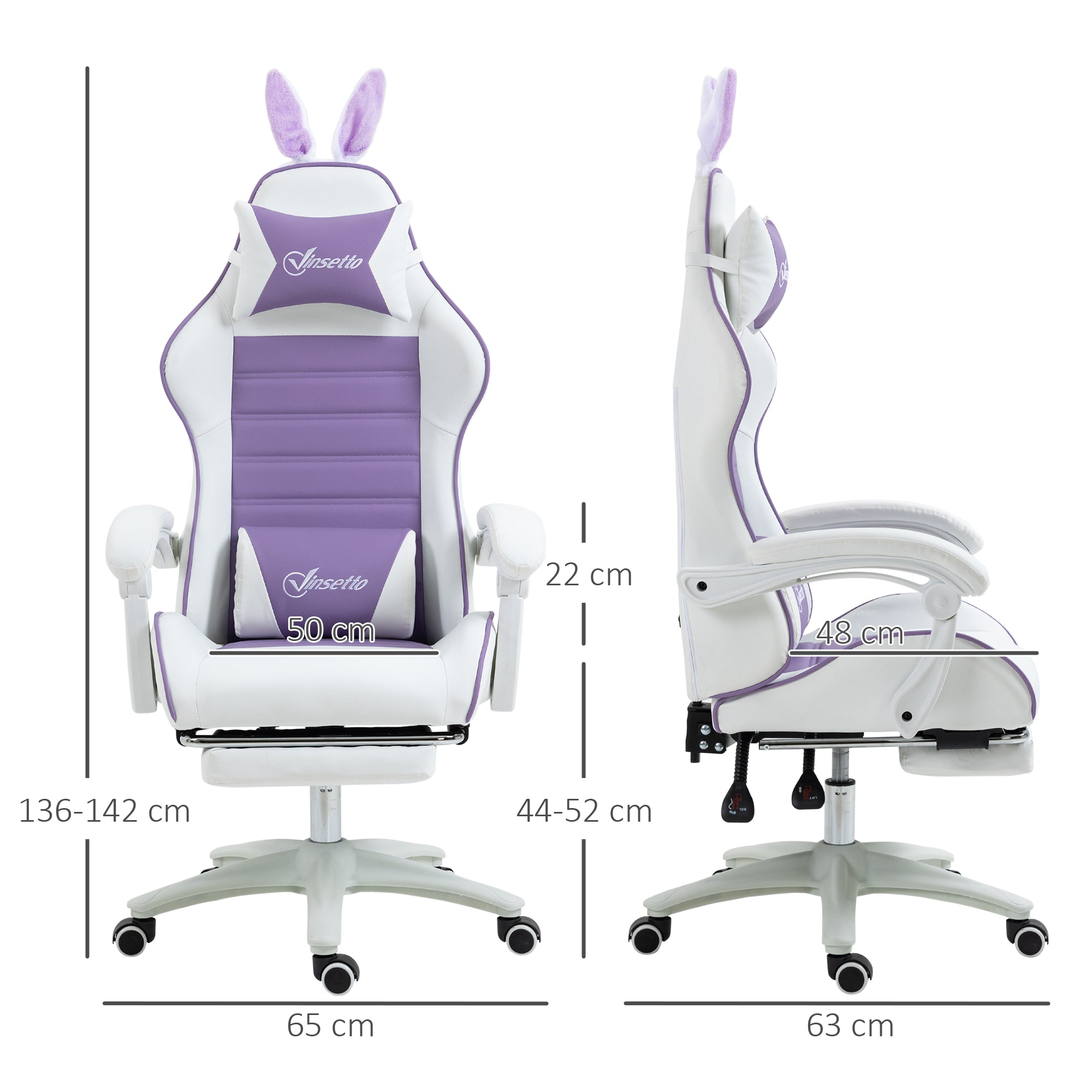 Vinsetto Racing Gaming Chair, Reclining PU Leather Computer Chair with Removable Rabbit Ears, Footrest, Headrest and Lumber Support, Purple - North Peak Garden Furniture