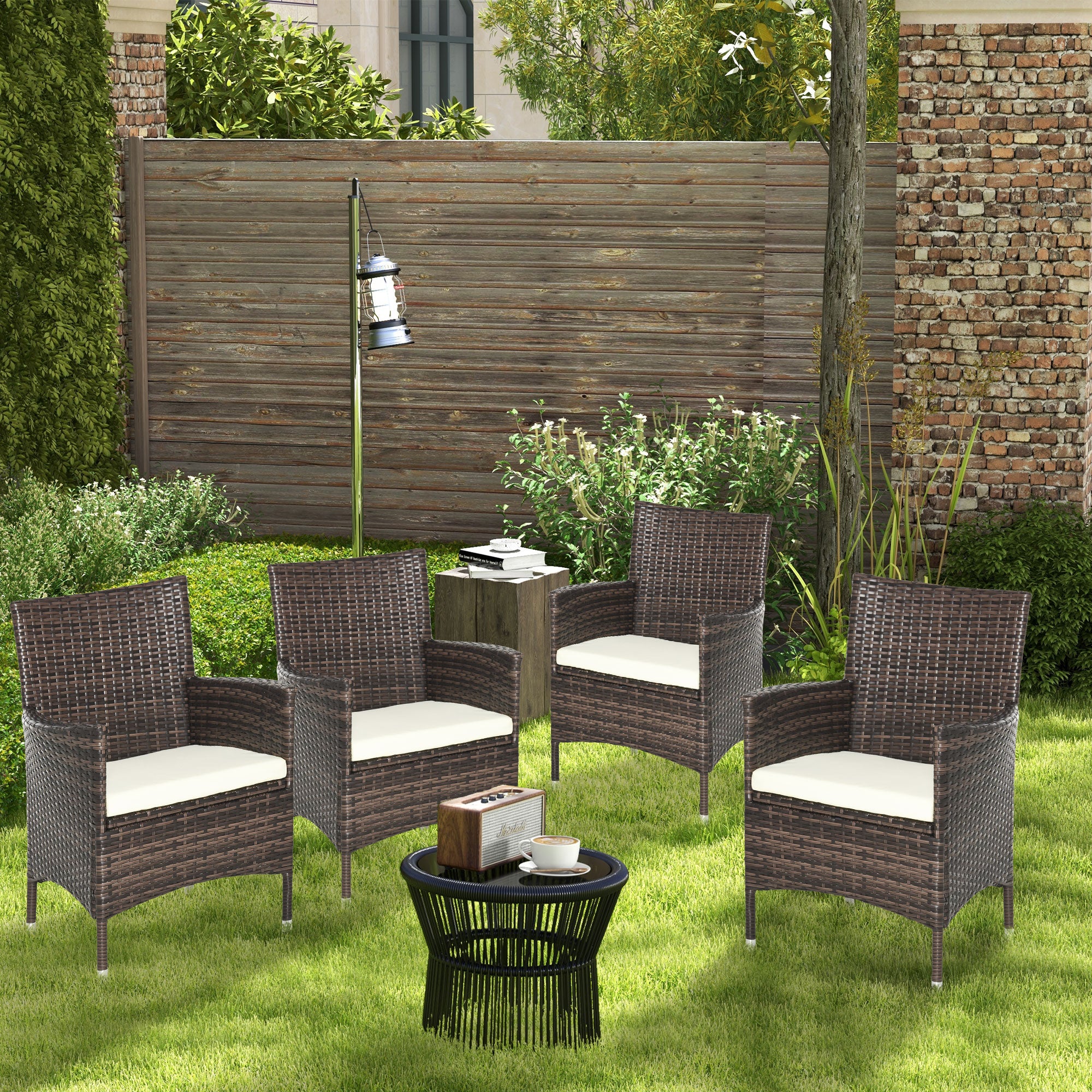 Outsunny 4 PC Rattan Chair Set, Patio Sofa Chairs Set, Cushioned Outdoor Rattan Furniture - North Peak Garden Furniture