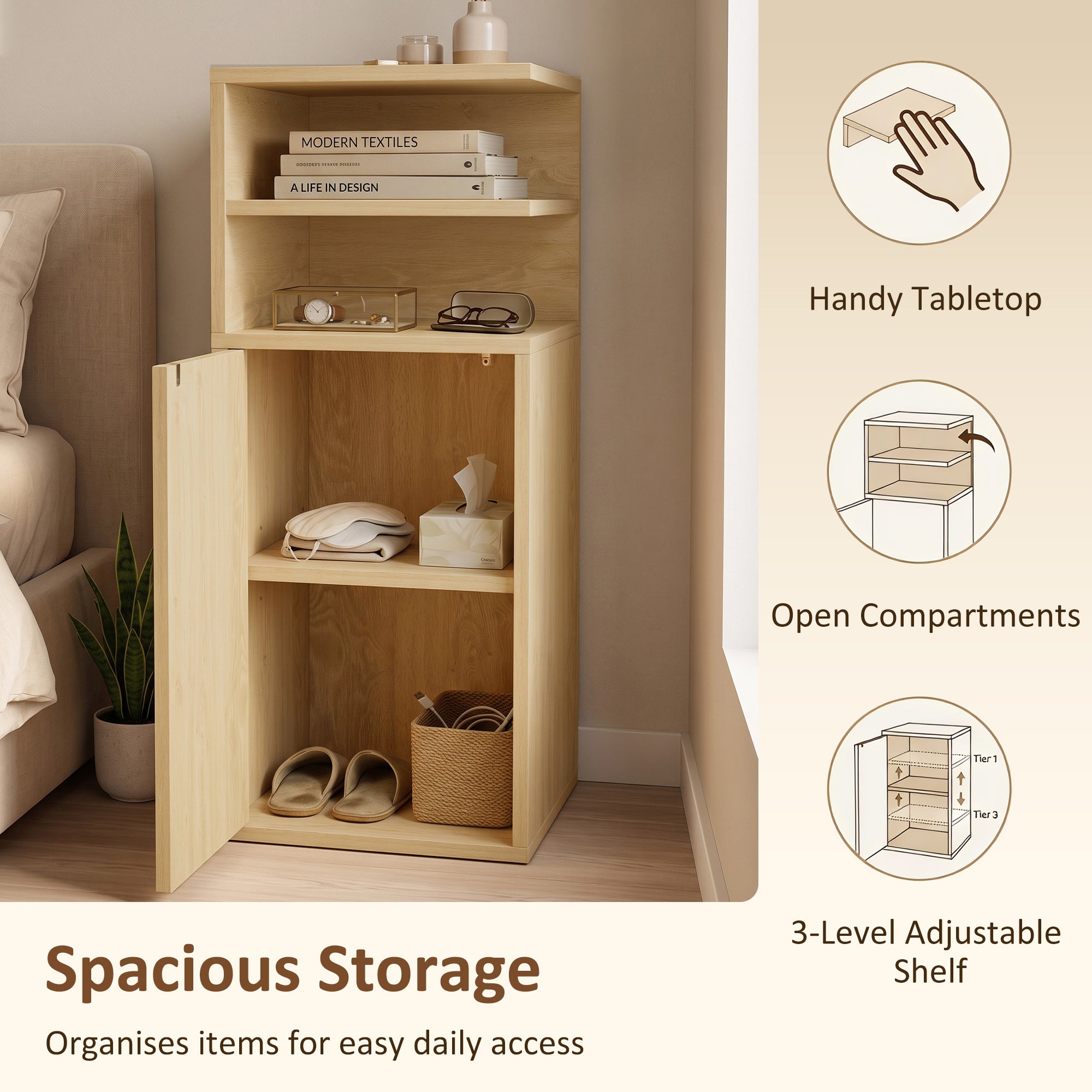 HOMCOM Slim Bedside Table Set of 2, Narrow Bedside Cabinet with Open Cubbies and Cupboard for Bedroom Living Room, Oak