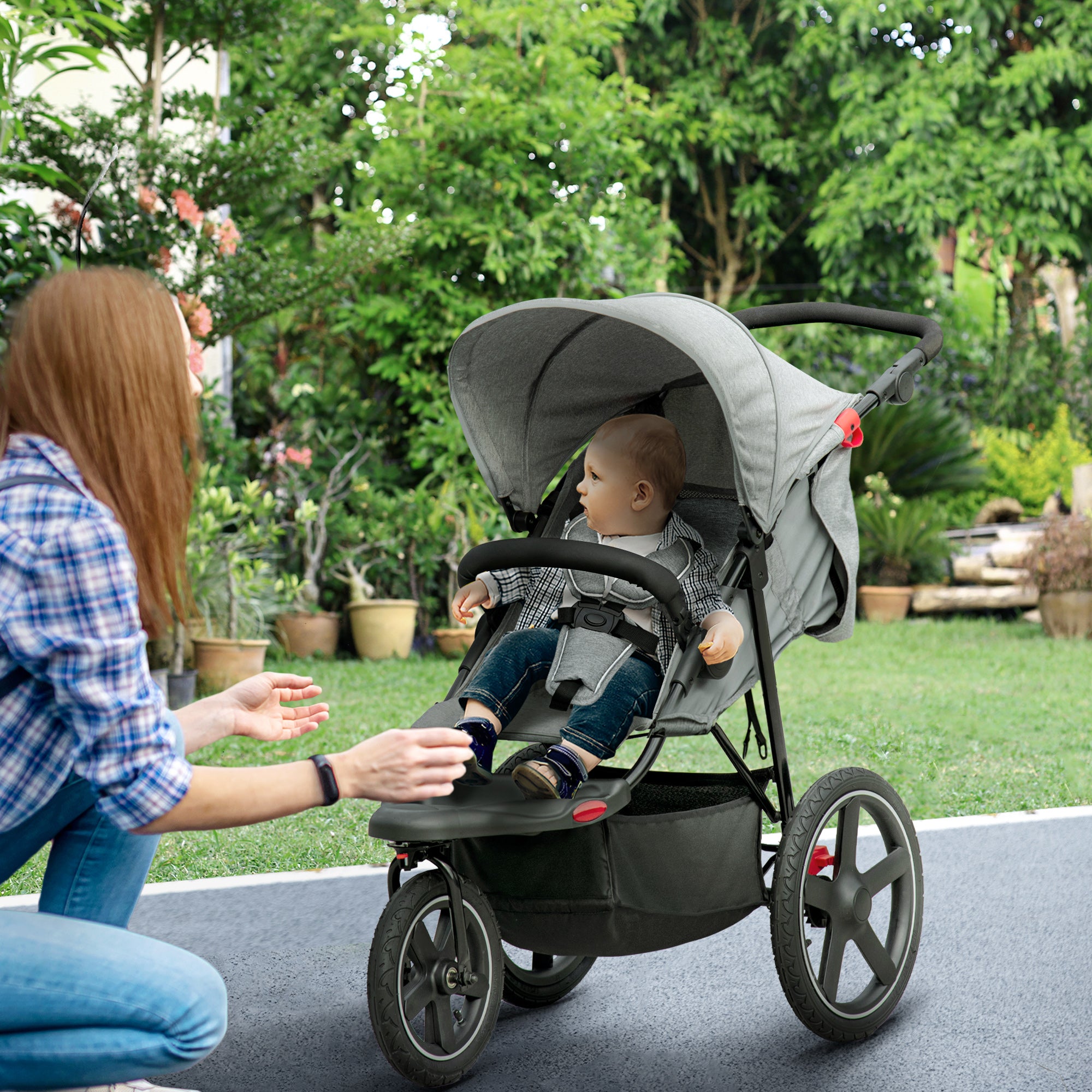 HOMCOM Foldable Three-Wheeler Baby Stroller w/ Canopy, Storage Basket - Grey - North Peak Garden Furniture
