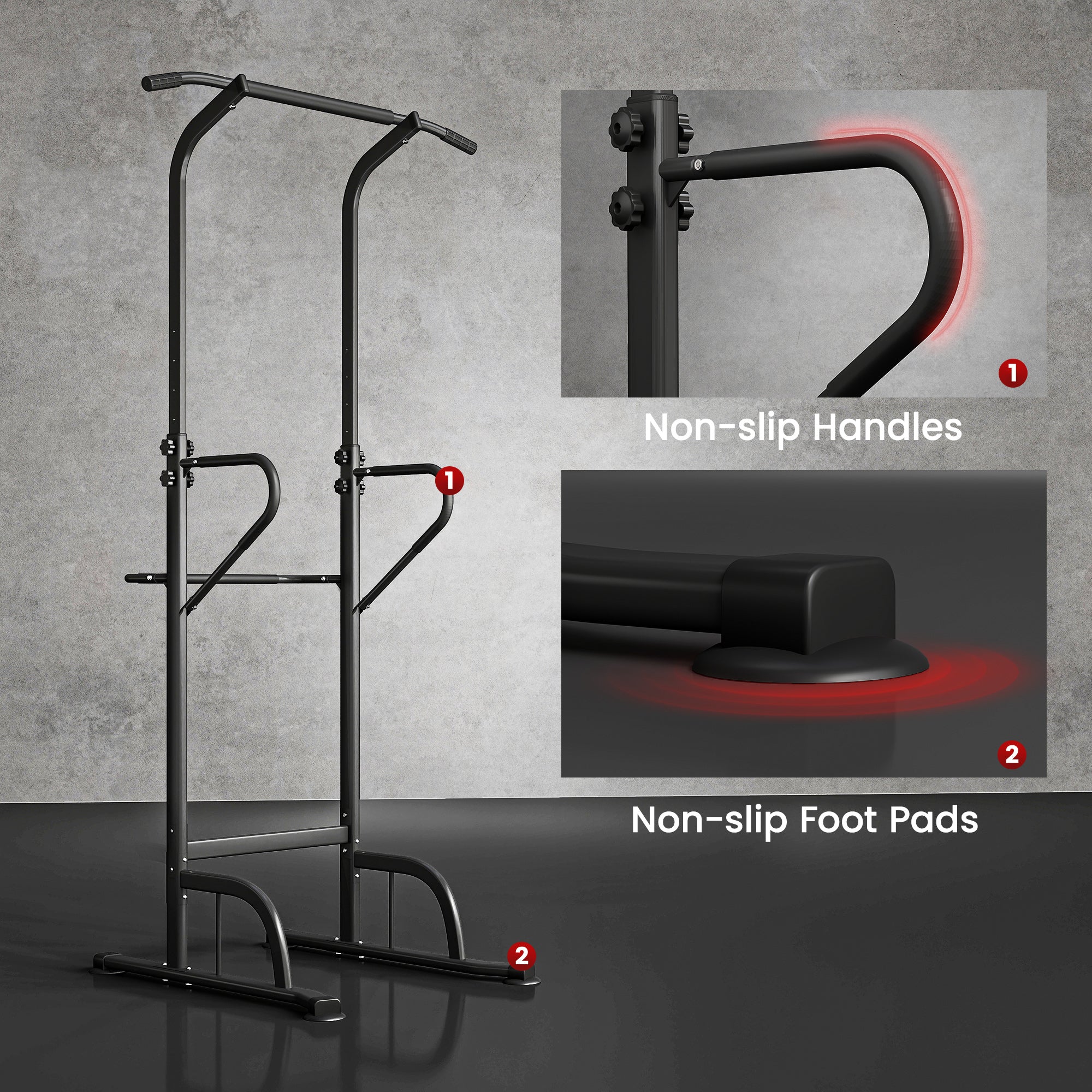 HOMCOM Power Tower Dip Station Pull Up Bar Multi-Function Push Up Equipment with Adjustable Height for Home Gym Strength Training Workout Fitness