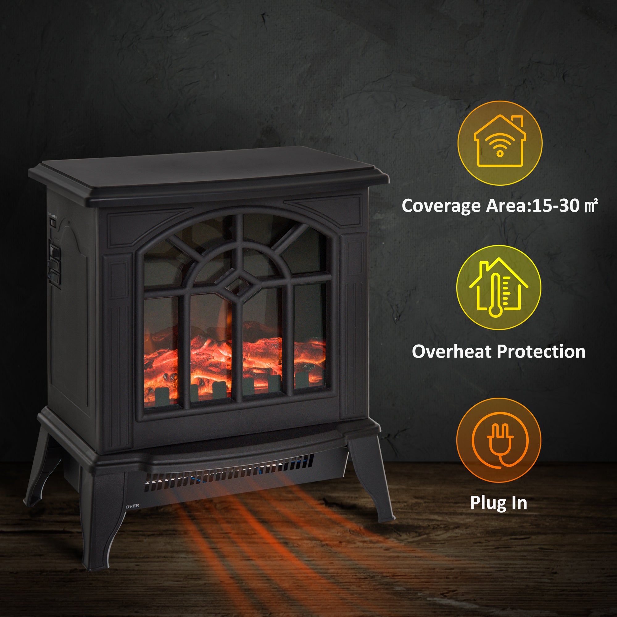 HOMCOM 1000W/2000W Freestanding Electrical Fireplace Indoor Heater Stove Log Wood LED Burning Effect Flame with Thermostat Control Black