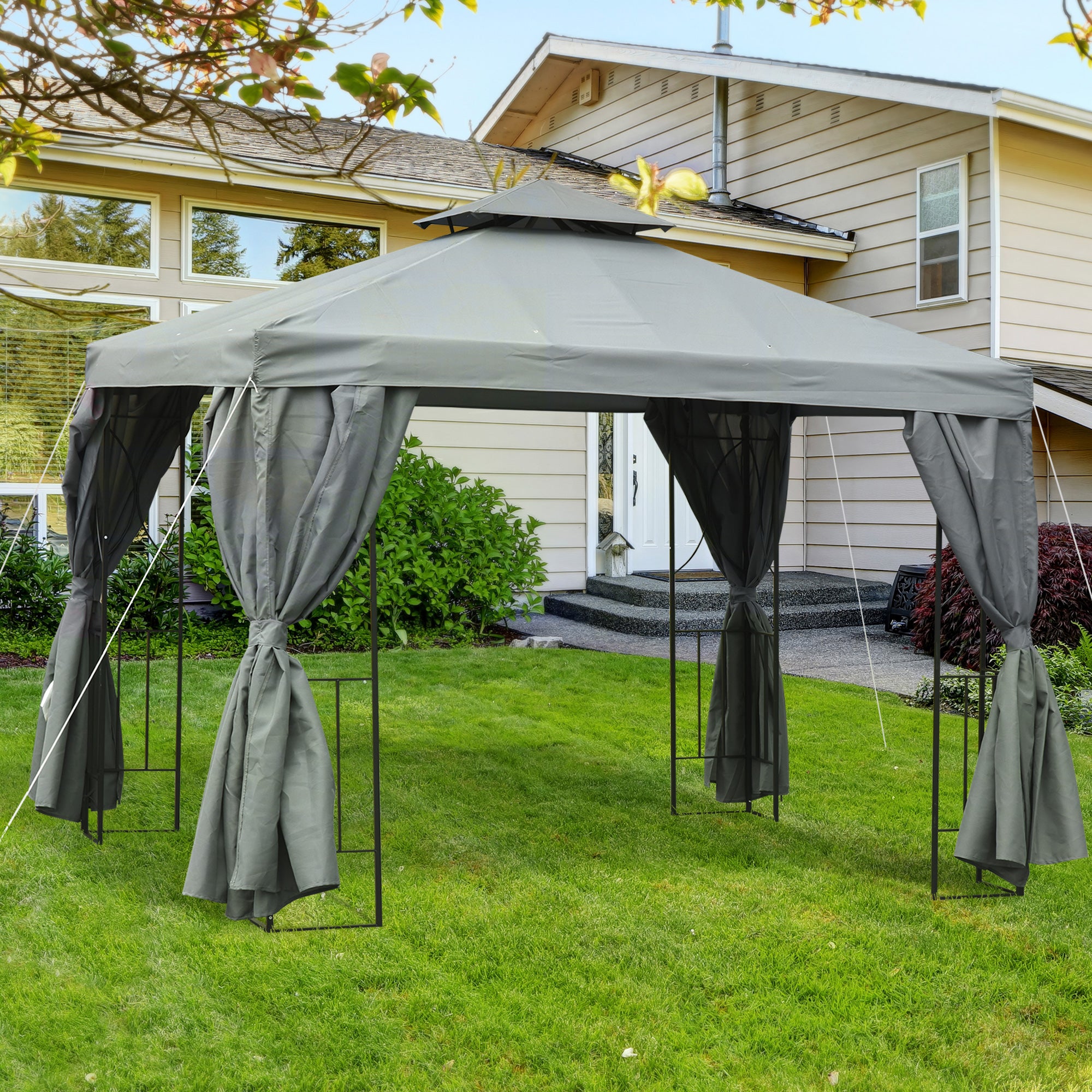 Outsunny 3 x 3 m Garden Gazebo Double Roof Marquee Patio Wedding Party Tent Canopy Shelter with Sidewalls, (Dark Grey) - North Peak Garden Furniture