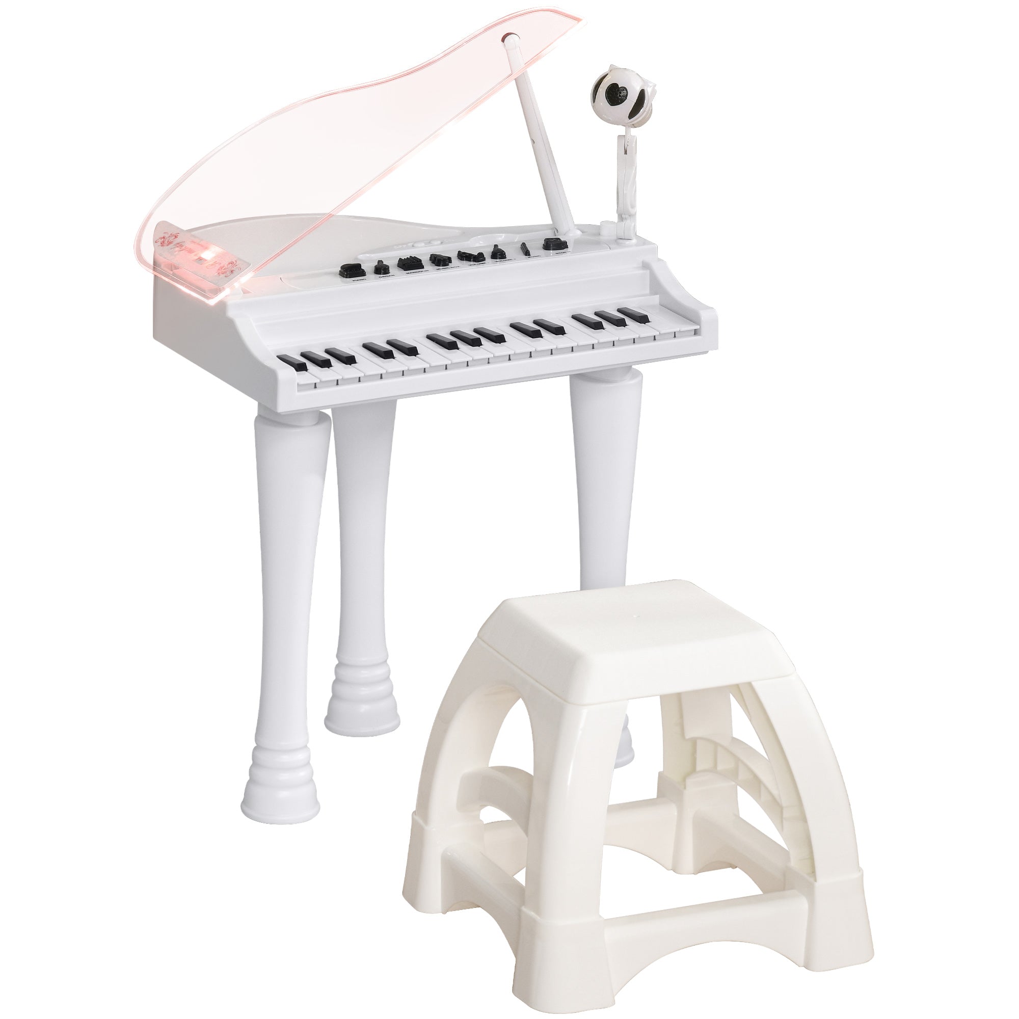 AIYAPLAY 32-Key Kids Piano Keyboard, with Stool, Lights, Microphone, Sounds, Removable Legs - White