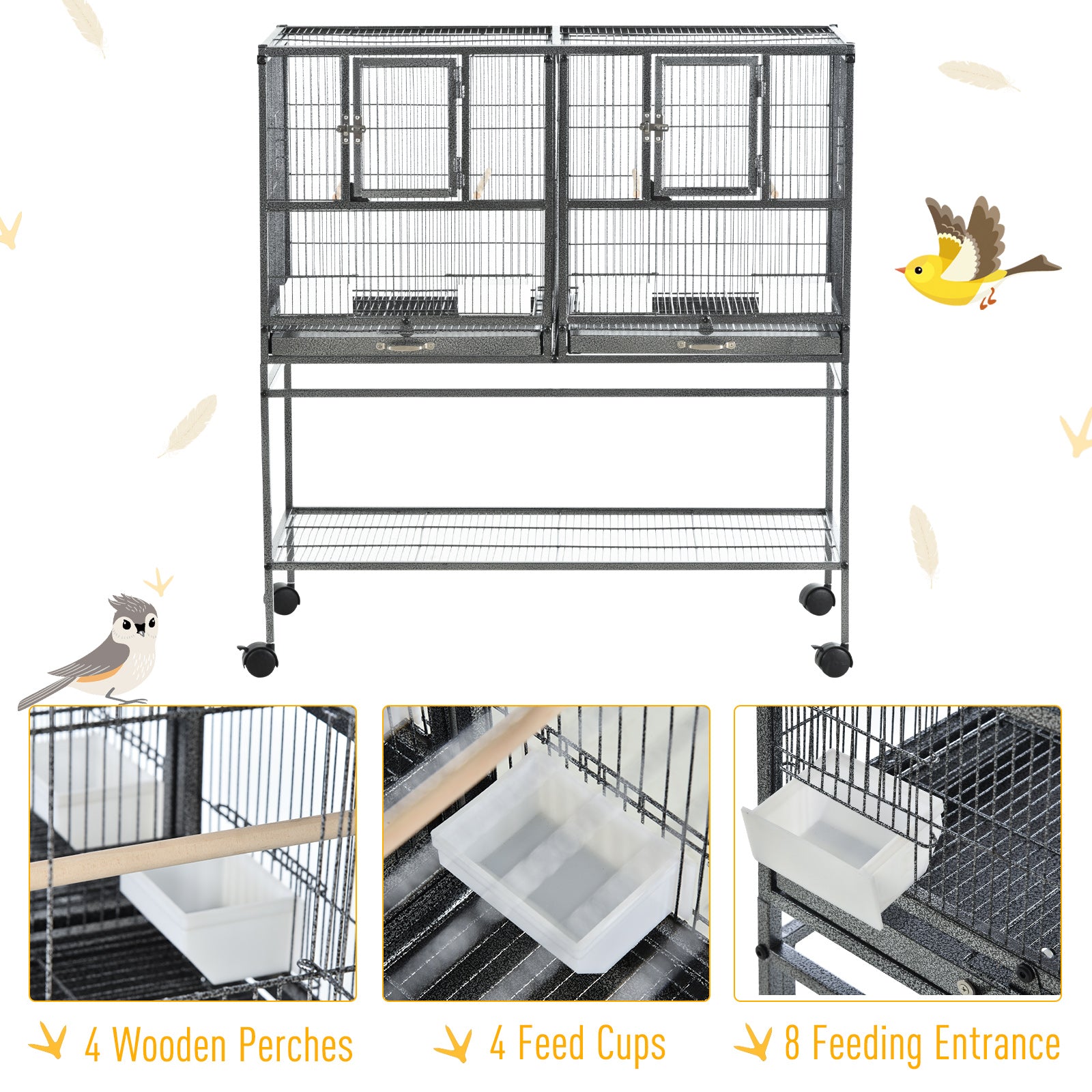 PawHut Large Bird Cage Parrot Cage with Divider, Slide Tray for Finch Canaries Parakeets Cockatiels, 95 x 45.5 x 102 cm - North Peak Garden Furniture