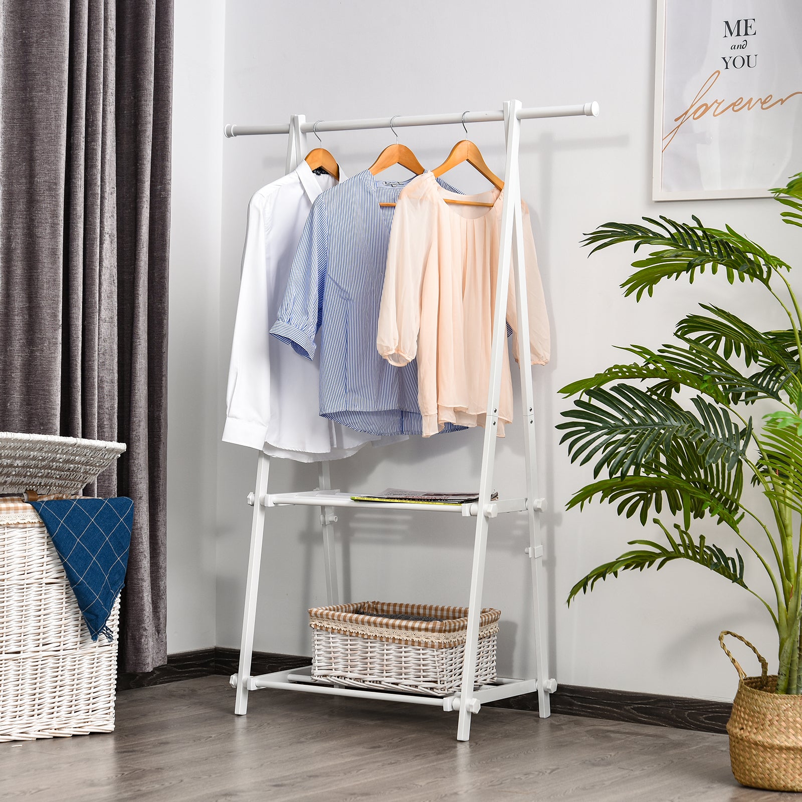 HOMCOM Minimalist Foldable Adjustable Clothes Rack Hanger w/ 2 shelves 107.5L x 45W x 150H cm Hallway Entryway Furniture - White - North Peak Garden Furniture