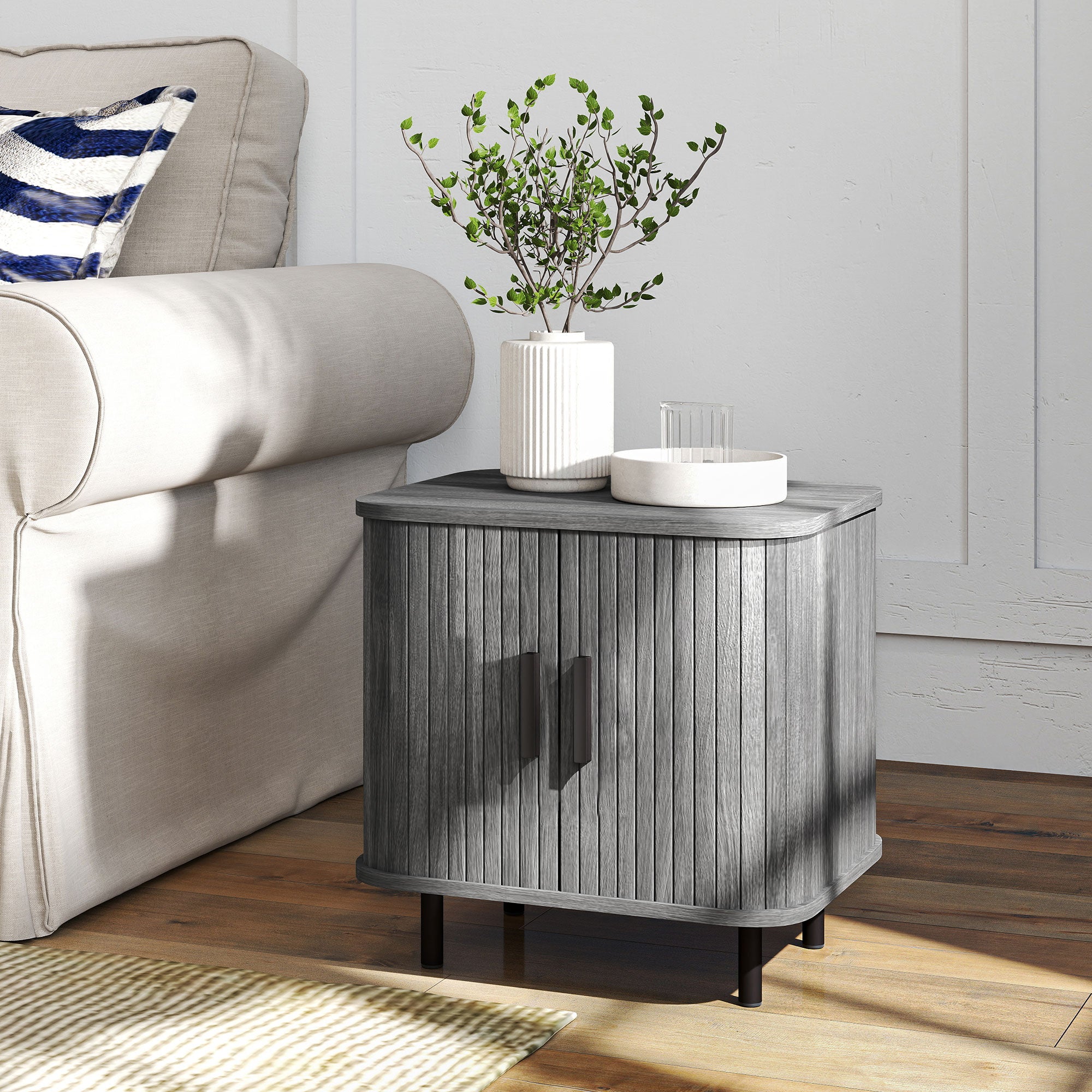 HOMCOM Bedside Table, Nordic Side Table with Roller Shutter Style Sliding Doors and Metal Legs for Bedroom, Living Room, Grey