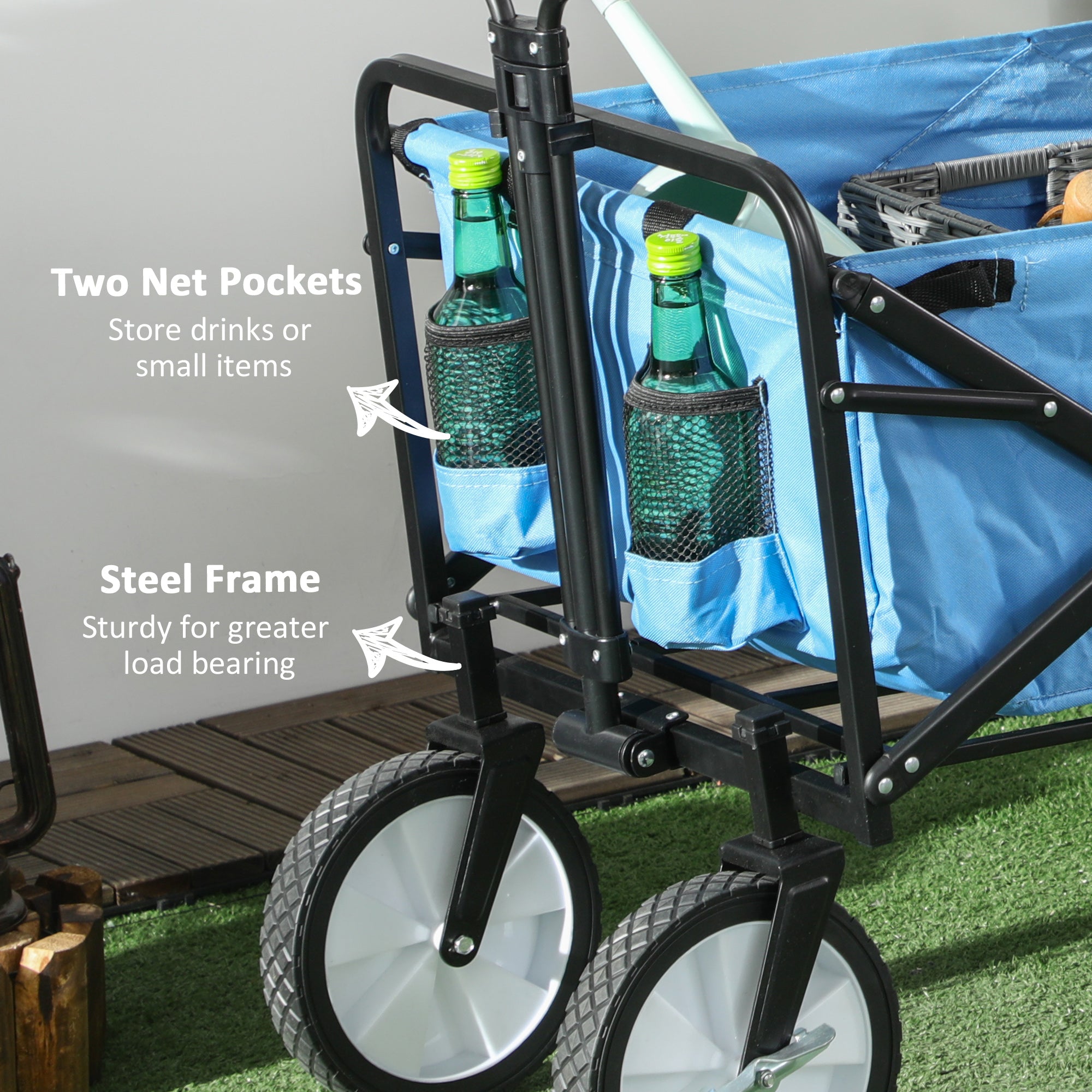 Outsunny 90L Folding Garden Trolley Cart Pull Along Wagon with Telescopic Handle for Beach Camping Festival - Blue - North Peak Garden Furniture