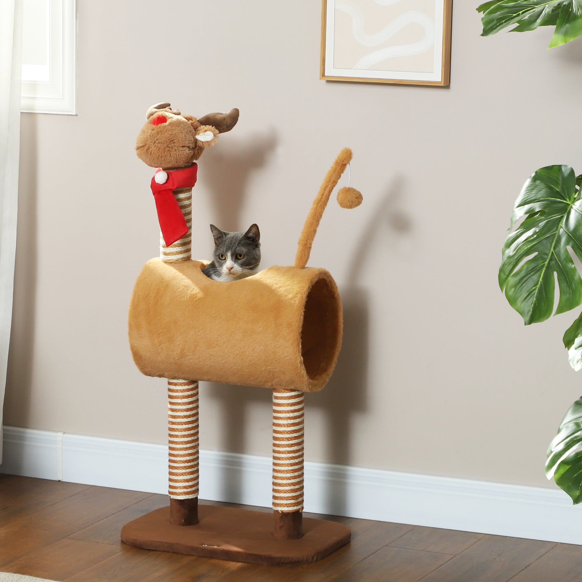 PawHut 98cm Deer-Designed Cat Tree with Scratching Posts, Toy Ball, Tunnel, Brown - North Peak Garden Furniture
