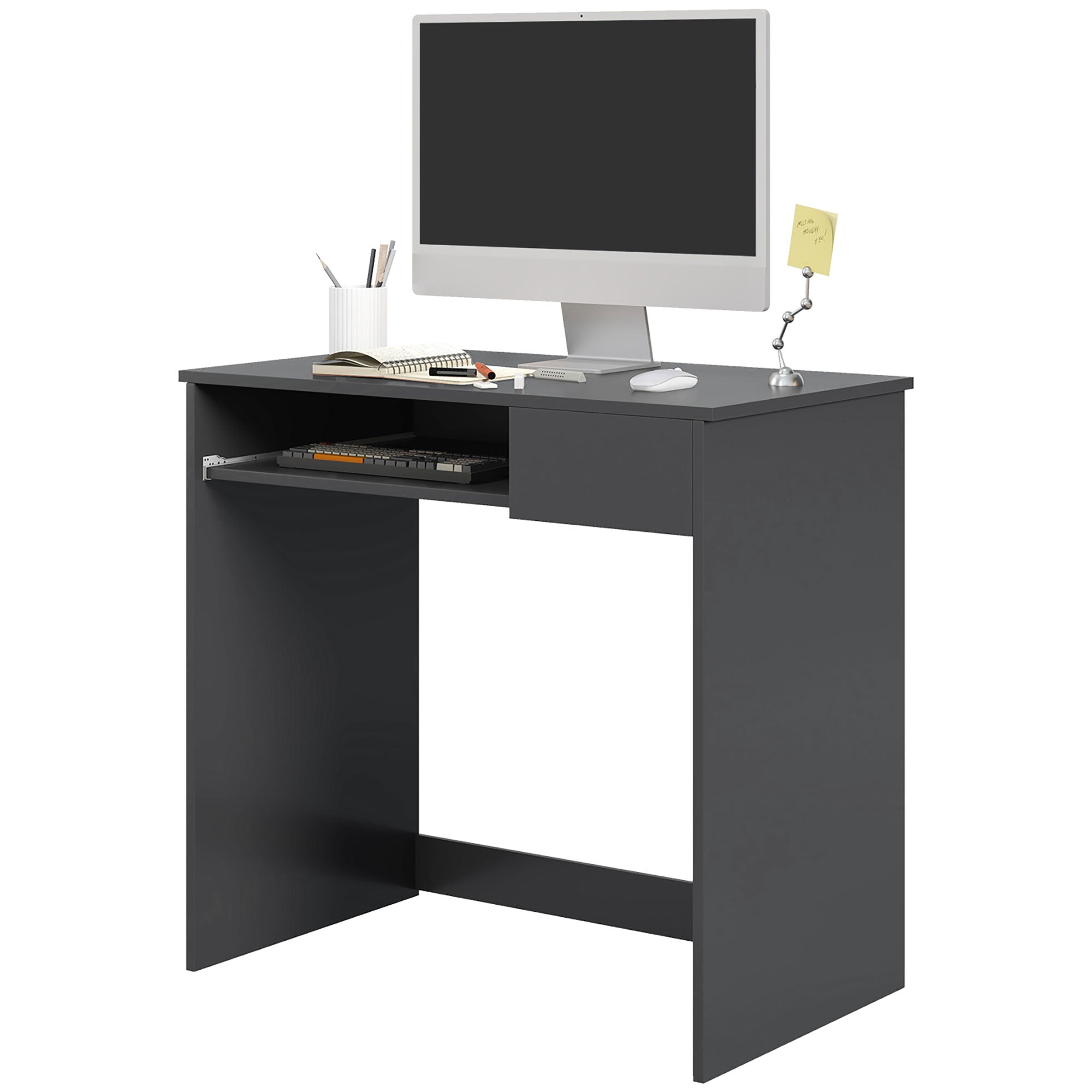 HOMCOM Compact Computer Desk with Keyboard Tray and Drawer, Study Desk, Writing Desk for Home Office, Grey - North Peak Garden Furniture