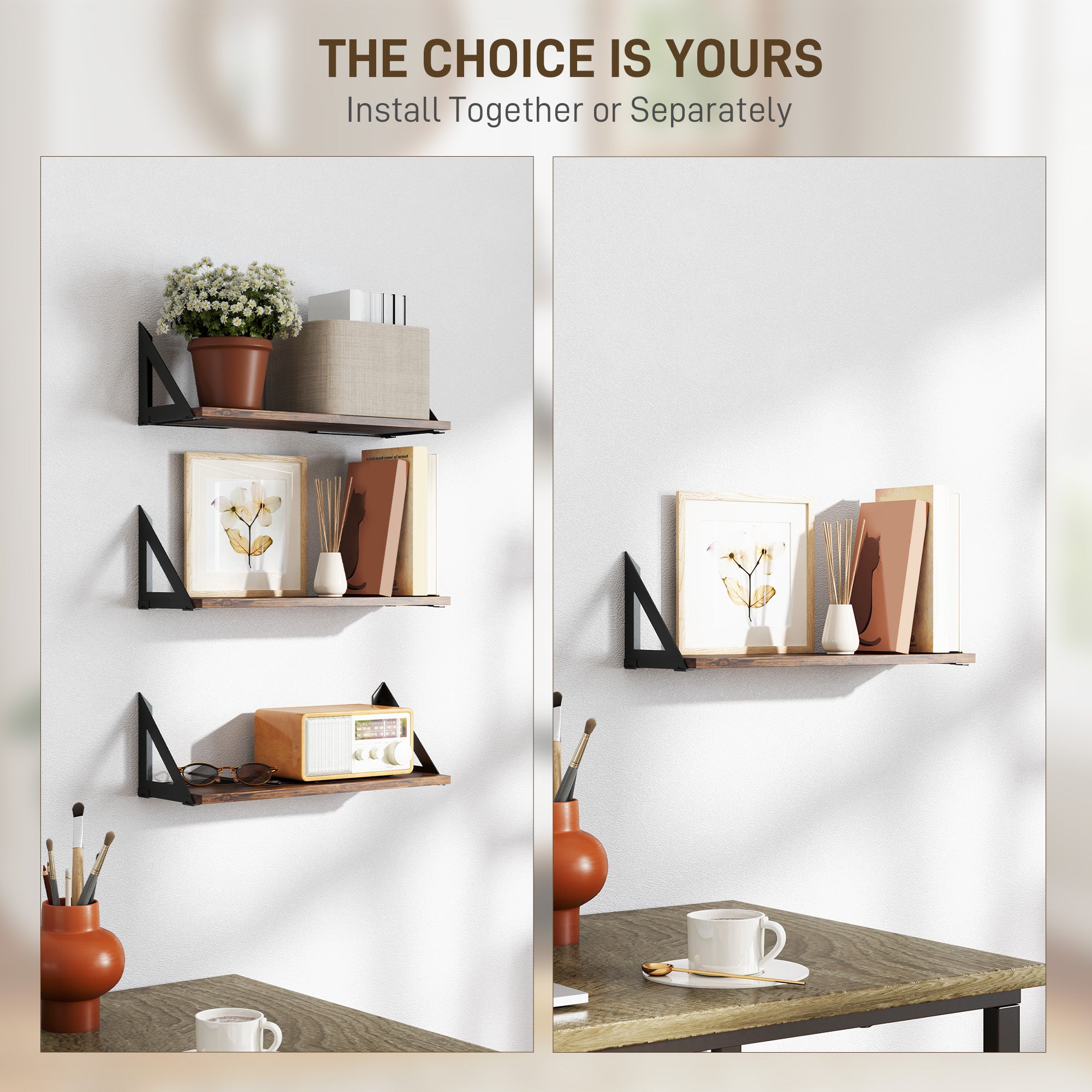 HOMCOM Set of 3 Wall Mounted Floating Shelves, Vintage Wall Shelves for Living Room, Entryway, Bedroom, Rustic Brown - North Peak Garden Furniture