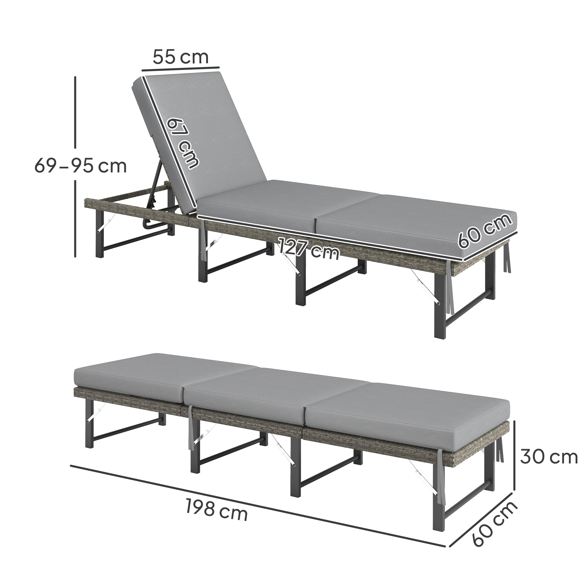 Outsunny Single Folding Rattan Sun Lounger, with Cushion - Grey