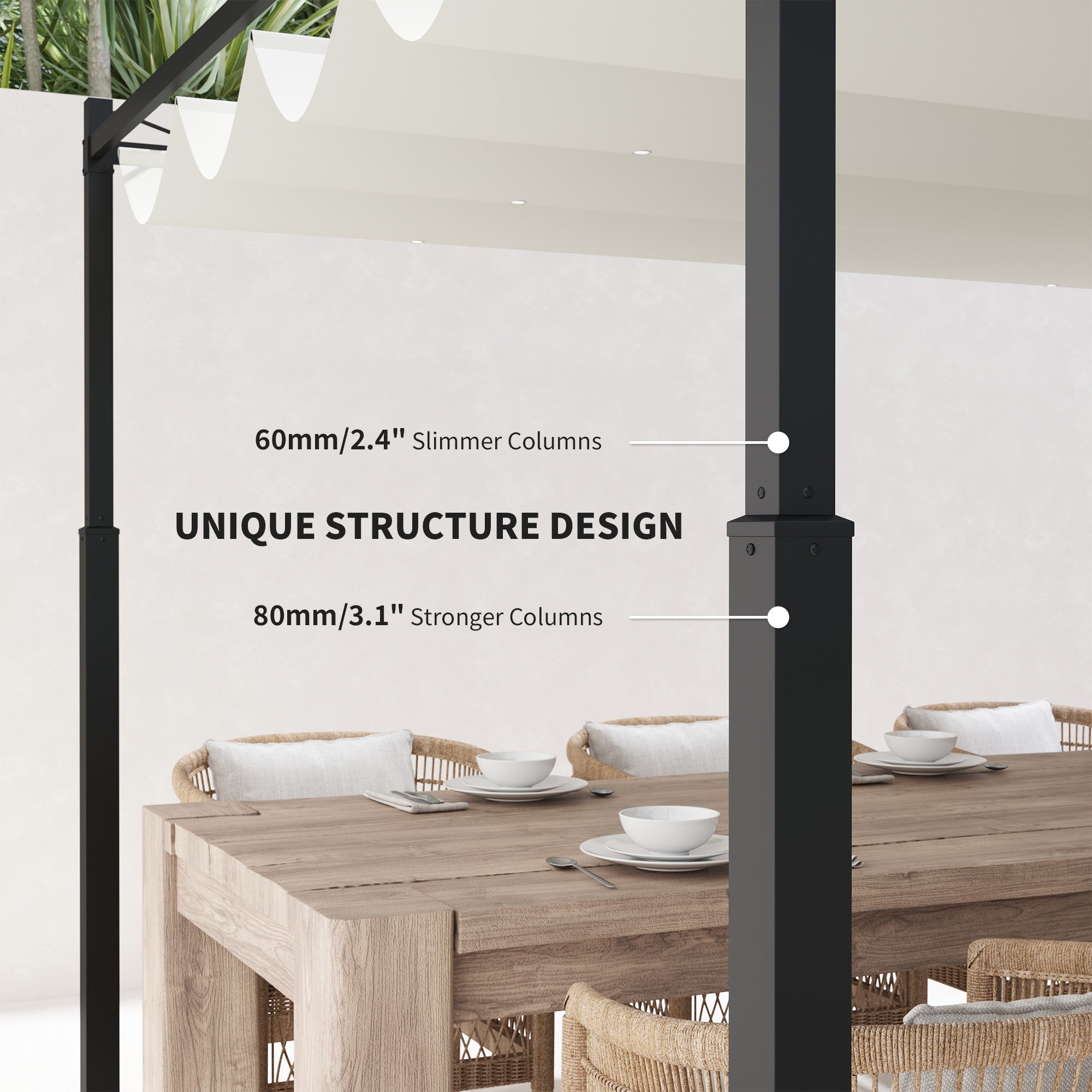 Outsunny 3 x 3(m) Garden Pergola with Retractable Roof and Magnetic Fixture, Outdoor Pergola Kit Sun Shade Canopy, UPF30+, 80mm Metal Column, Cream White - North Peak Garden Furniture