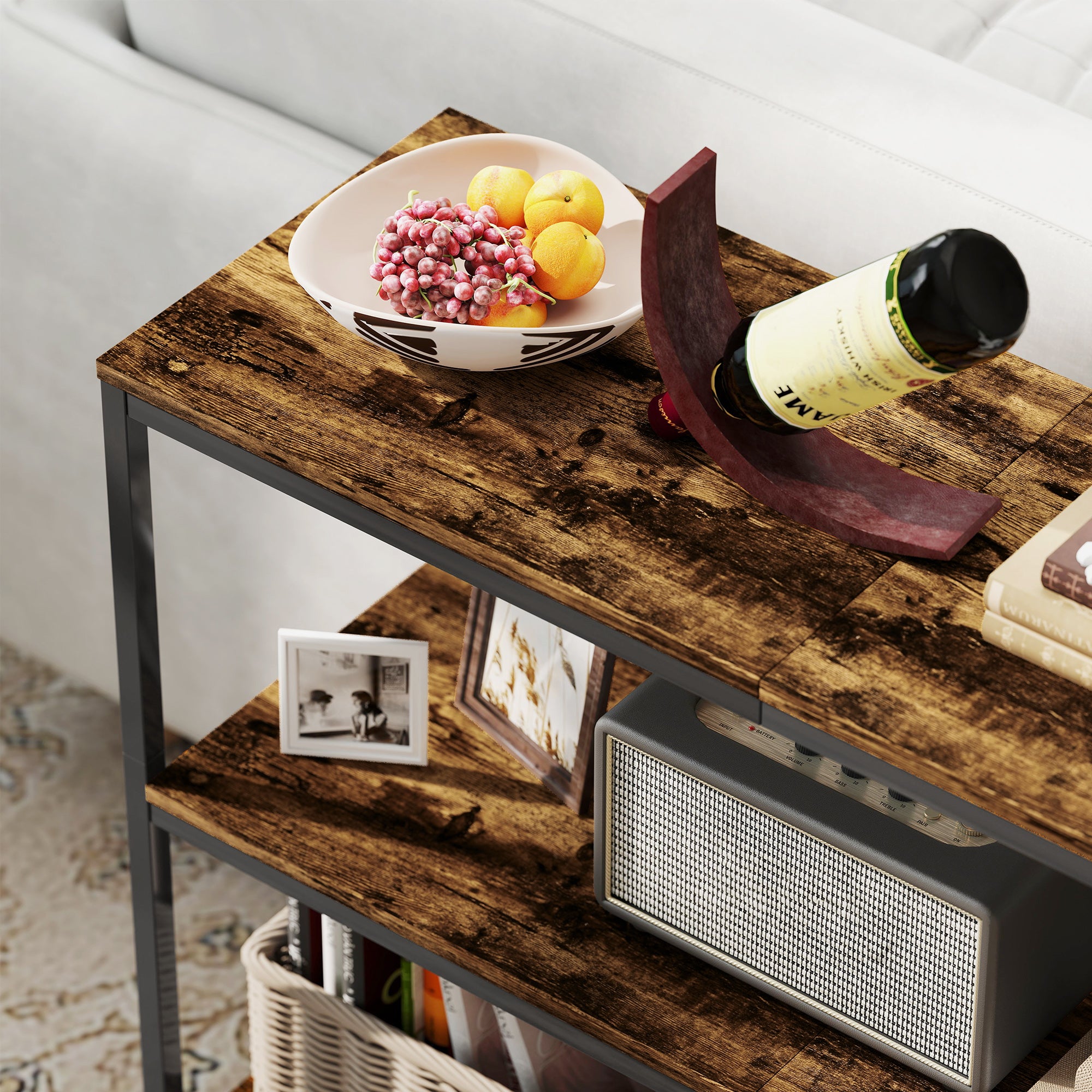 HOMCOM 3-Tier Console Table with Storage Shelves - Rustic Brown