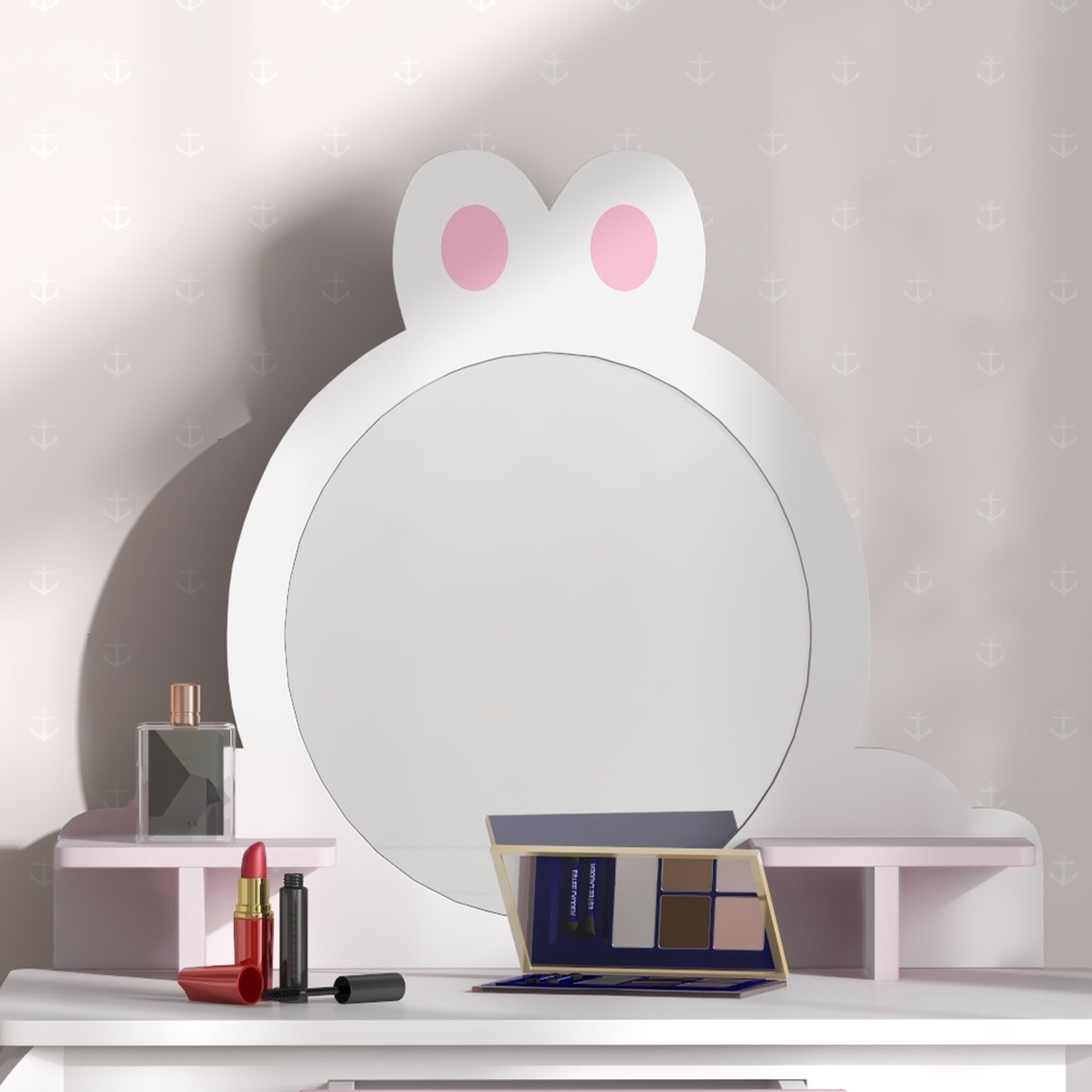 ZONEKIZ Bunny-Design Kids Dressing Table, with Mirror and Stool - White and Pink - North Peak Garden Furniture