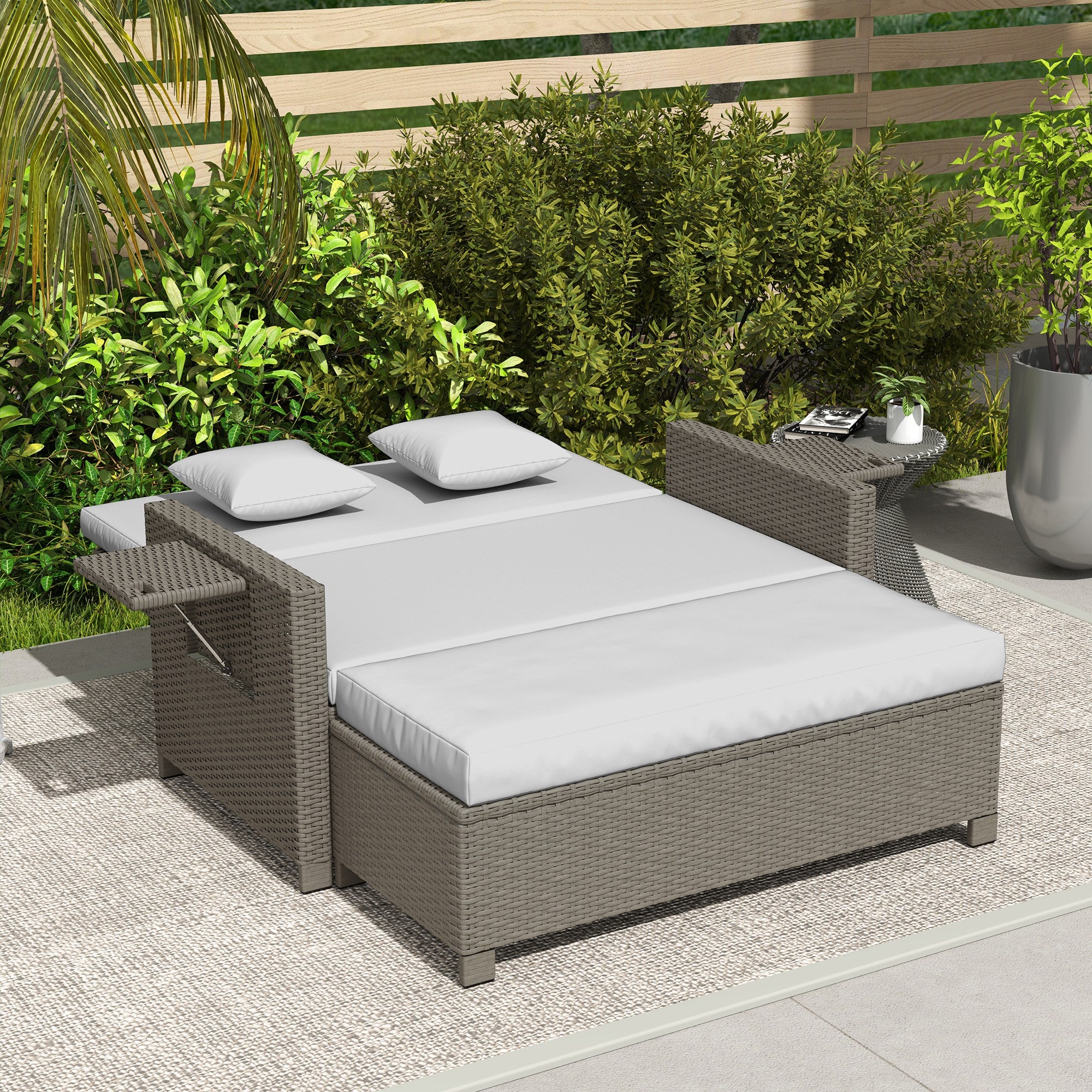 Outsunny Rattan Day Bed, with Footstool - Light Grey - North Peak Garden Furniture