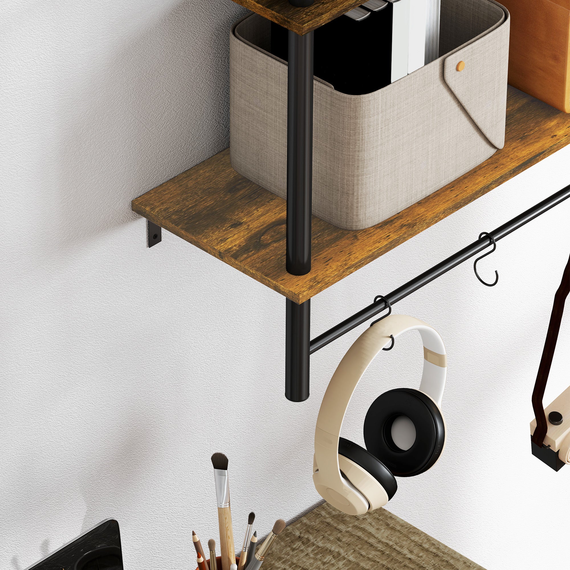 HOMCOM Wall Mounted Floating Shelves with 4 Hooks, Rustic Wall Shelf Unit for Living Room, Entryway, Rustic Brown - North Peak Garden Furniture