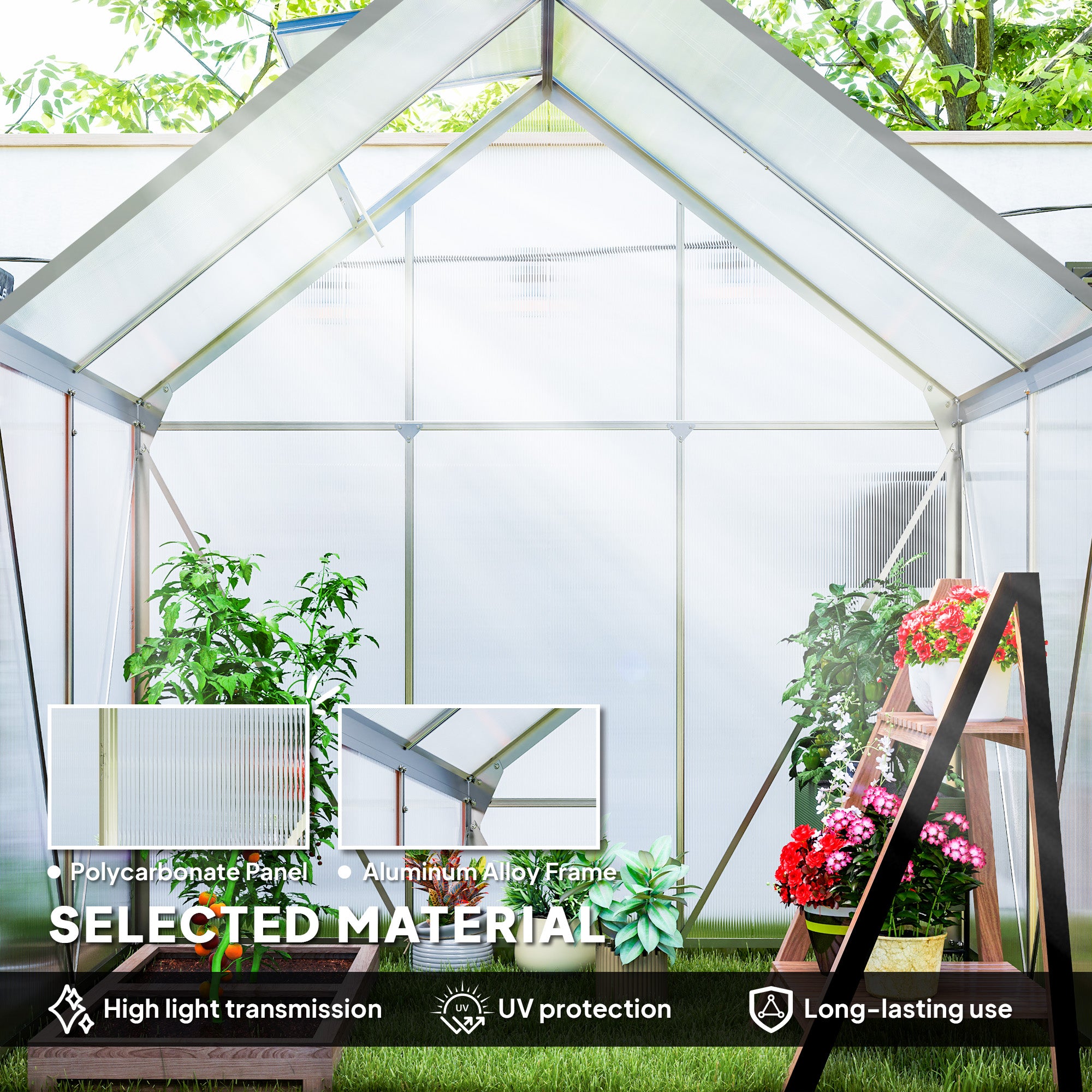 Outsunny 192.5 x 131cm Walk-In Polycarbonate Greenhouse - Silver-Tone - North Peak Garden Furniture
