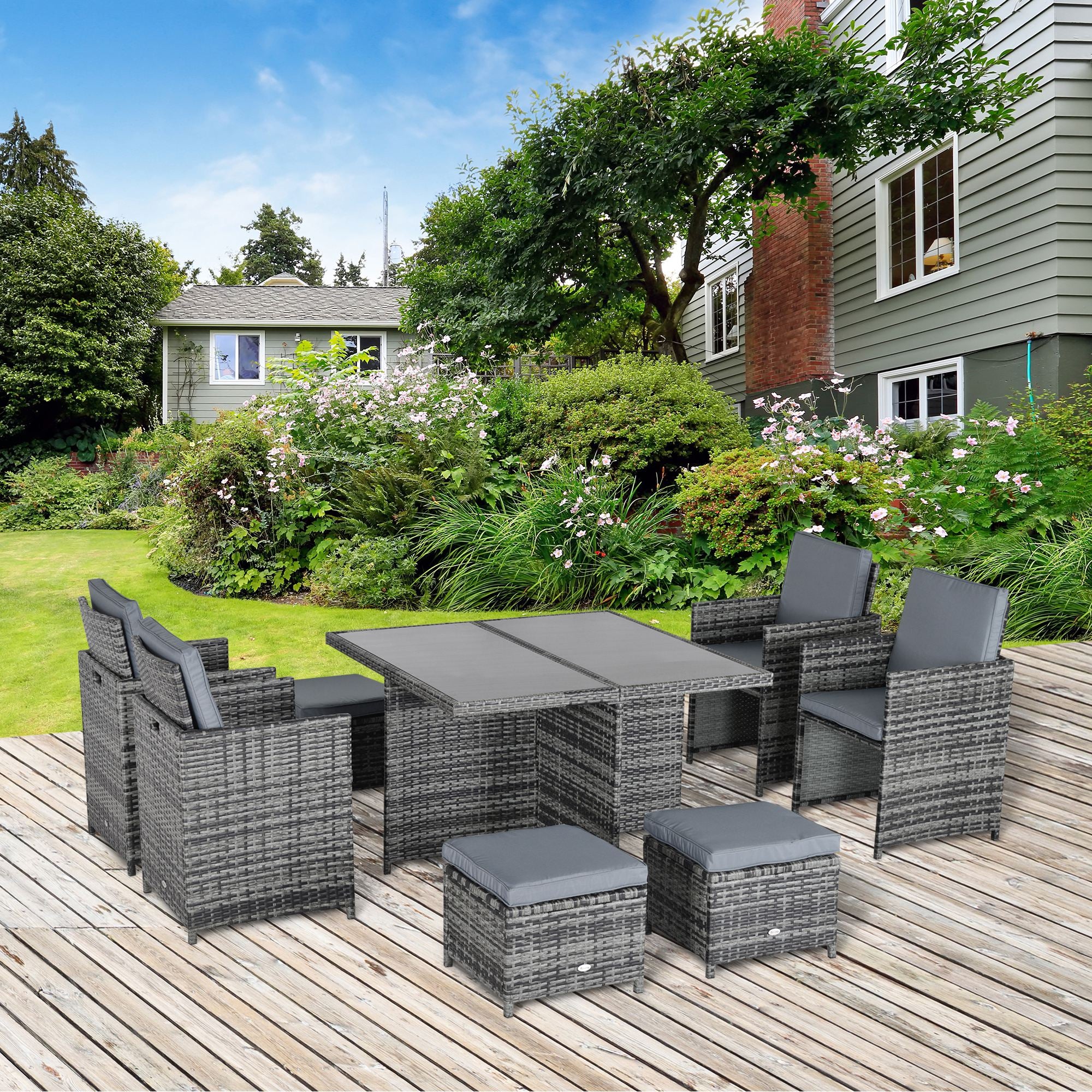 Outsunny 8-Seater Rattan Dining Set Garden Furniture Cushion Seat Woven Rattan Grey - North Peak Garden Furniture