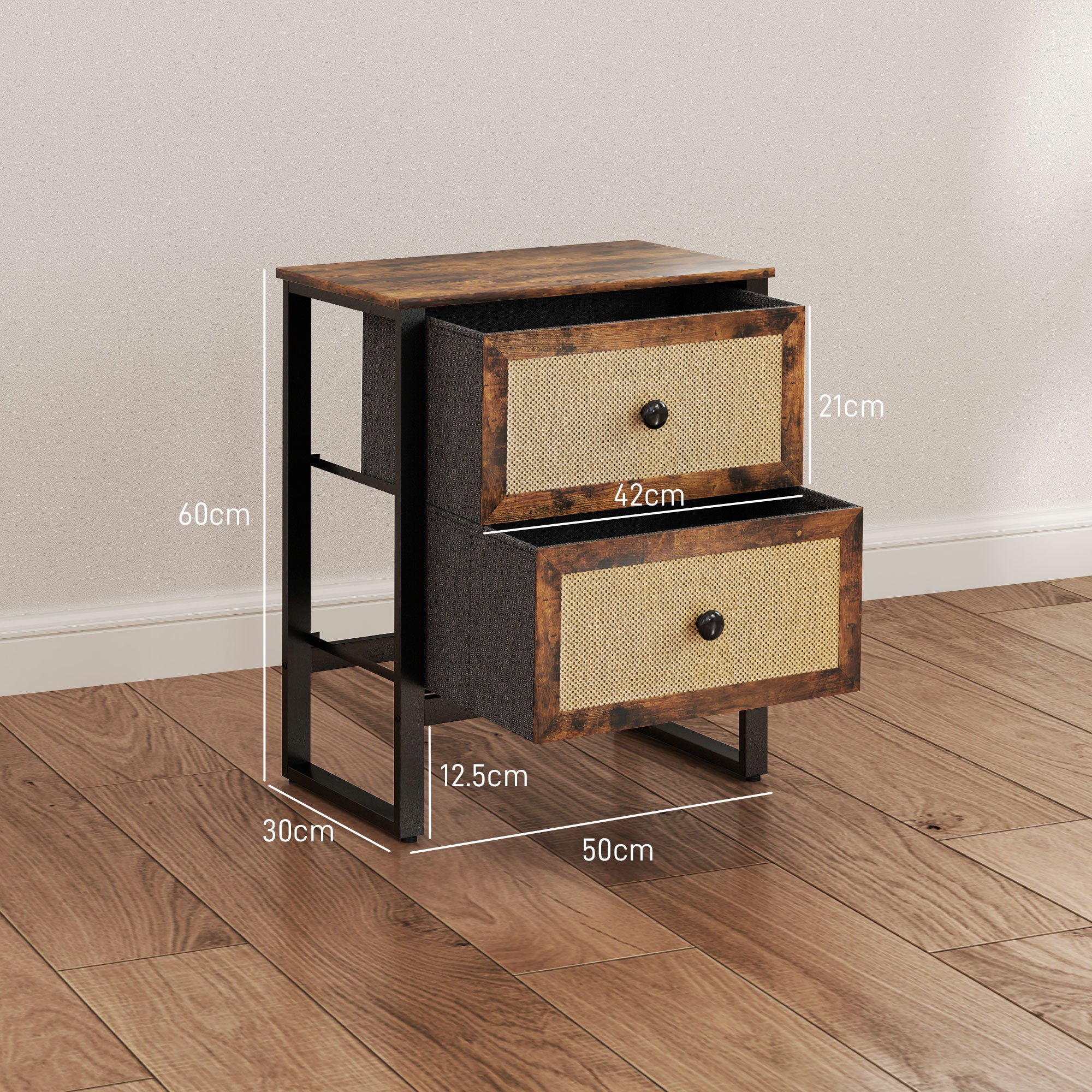 HOMCOM Bedside Table, Side Table with 2 Rattan Drawers, Bedside Cabinet with Storage and Steel Legs for Bedroom, Living Room, Rustic Brown - North Peak Garden Furniture