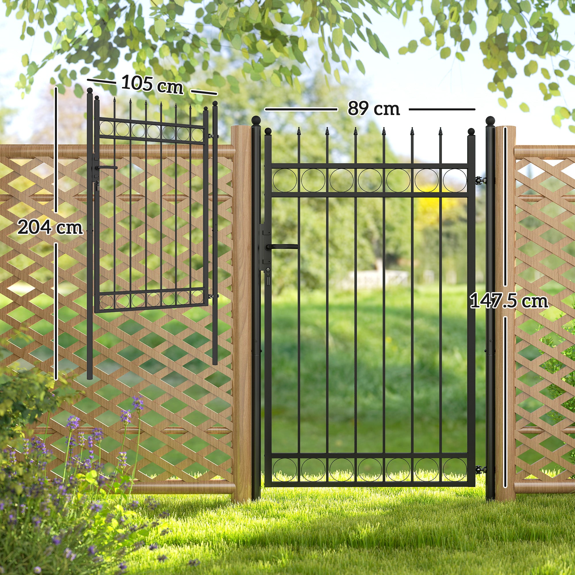 Outsunny Galvanised Steel Garden Gate, Outdoor Fence Gate Security Barrier with Lock, Keys and Handle, Outdoor Entrance Way Door with Classic Finials, 105 x 204 cm, Black - North Peak Garden Furniture