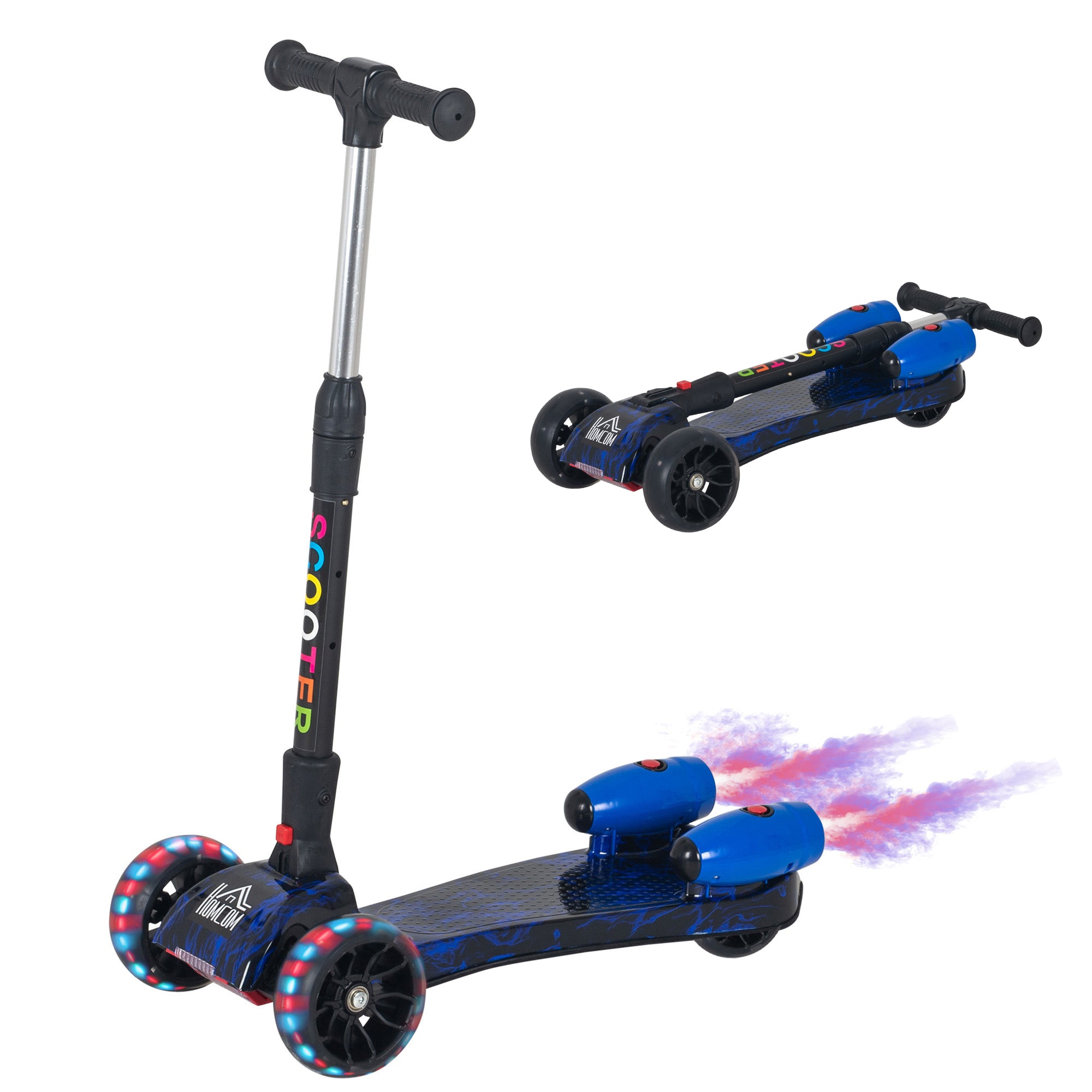 HOMCOM Scooter for Kids Toddler 3 Wheel Adjustable Height w/ Flashing Wheels Music Water Spray Foldable Kick Scooter for Boys and Girls 3 - 6 Yrs Blue - North Peak Garden Furniture