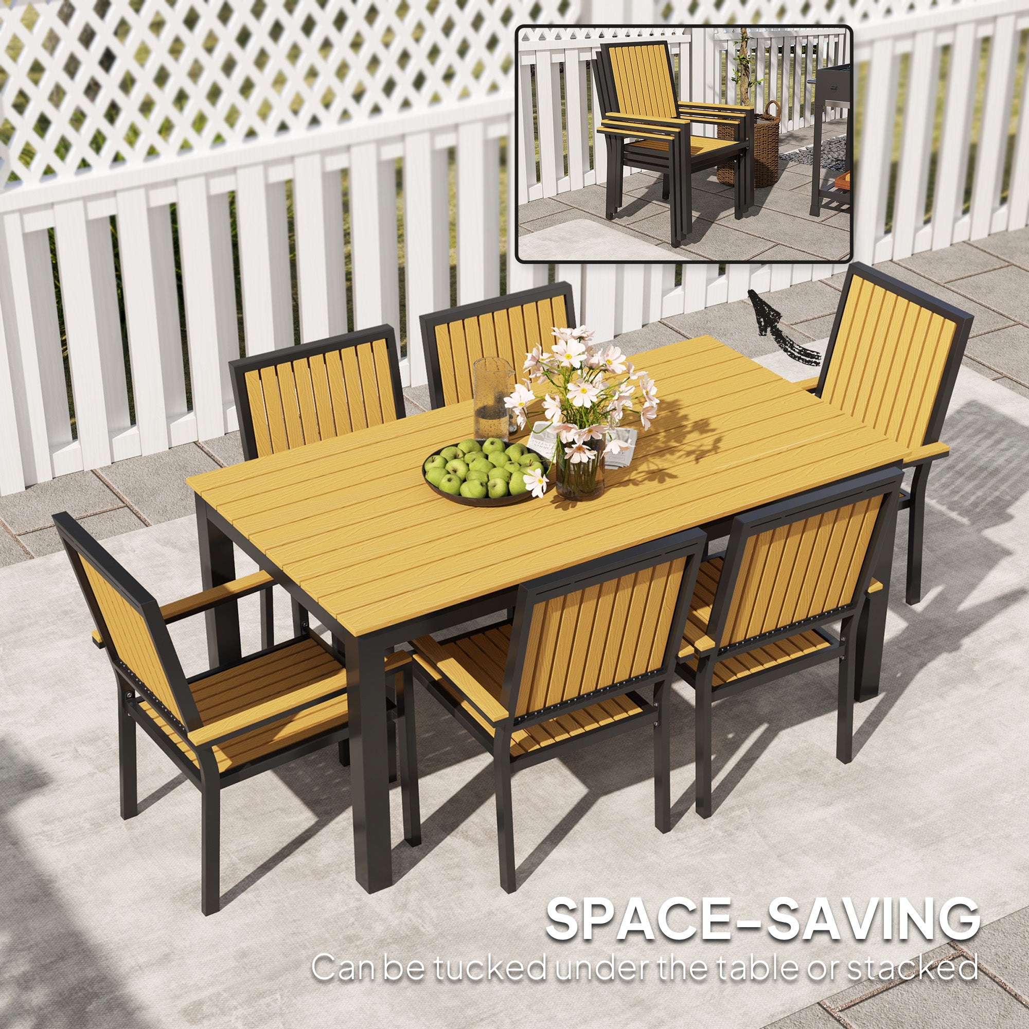 Outsunny 6 Seater Garden Dining Set with Stackable Chairs, Aluminium Frame, Rectangular Plastic Top, Garden Furniture Set, Outdoor Dining Table and Chairs for Patio, Balcony, Poolside, Nature Wood - North Peak Garden Furniture