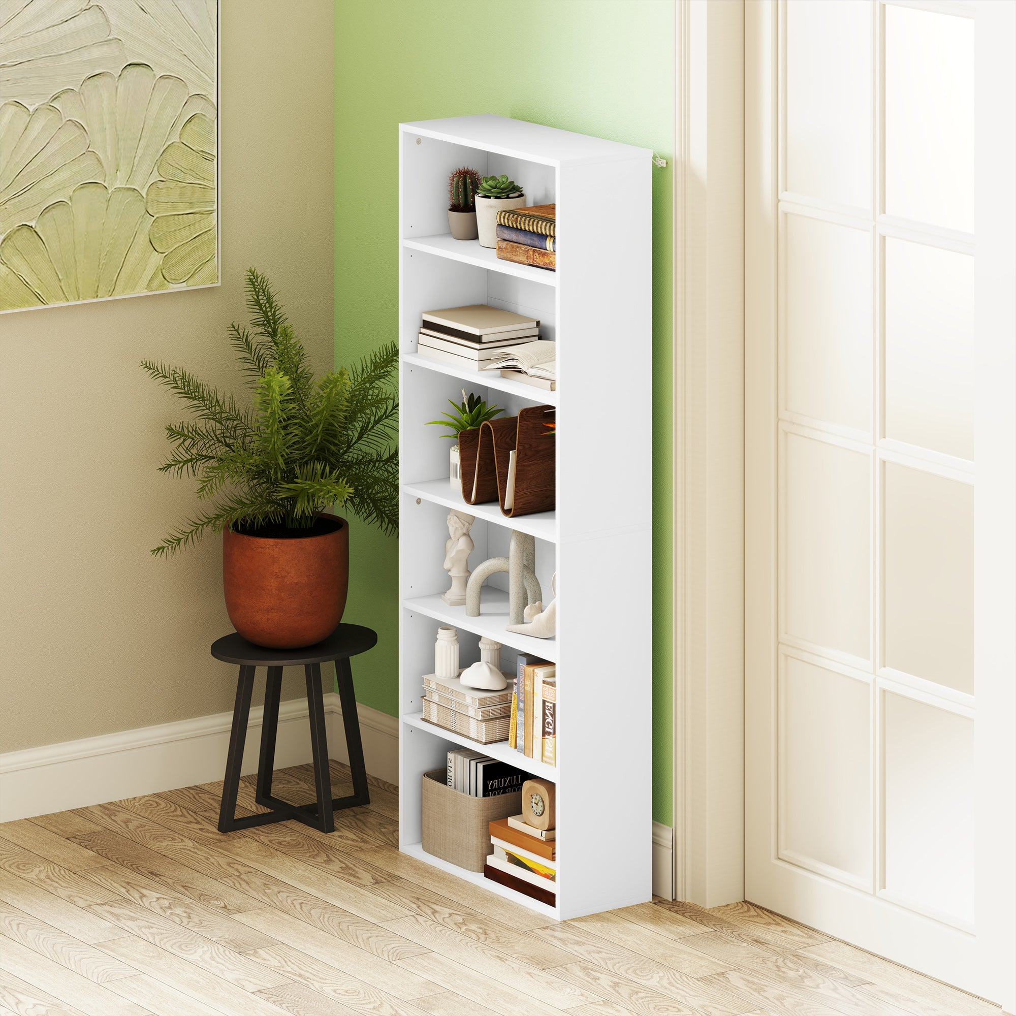 HOMCOM Six Shelf Bookcase - White - North Peak Garden Furniture