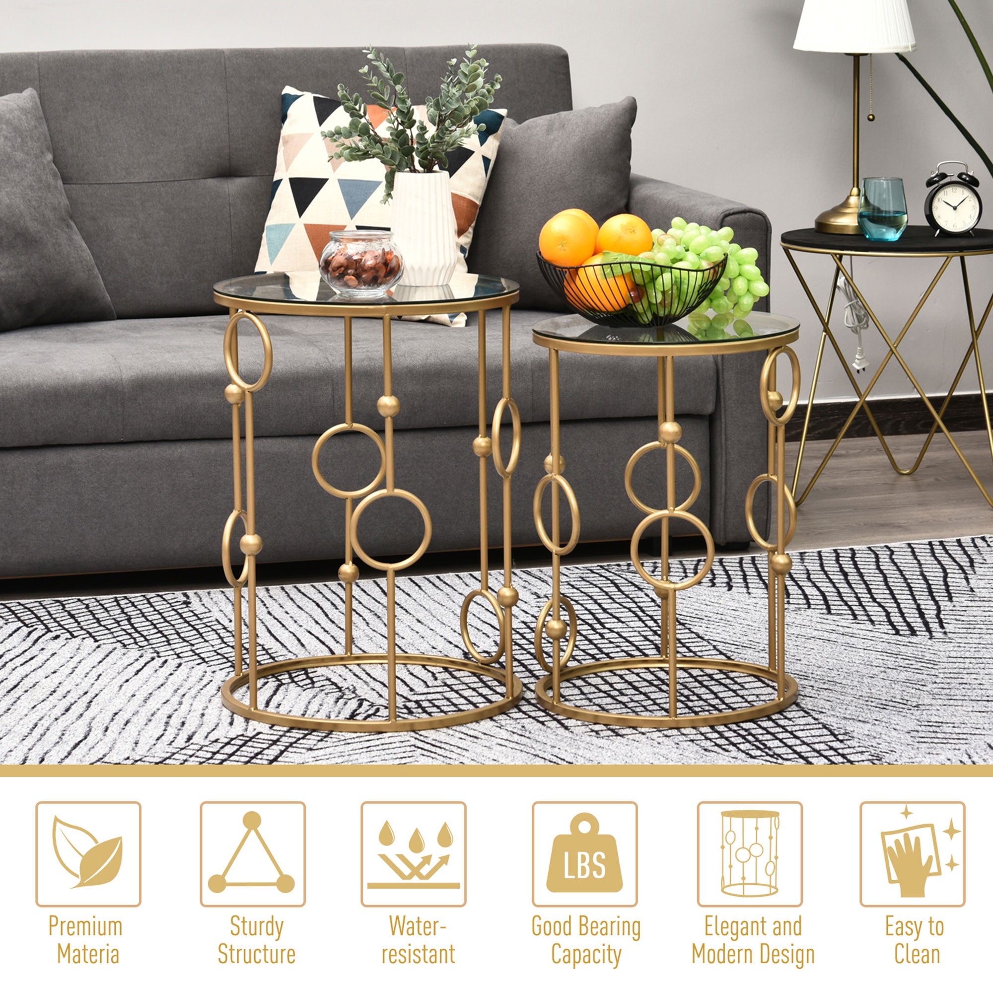 HOMCOM Round Coffee Tables Set of 2, Gold Nesting Side End Tables with Tempered Glass Top, Steel Frame for Living Room, Gold - North Peak Garden Furniture
