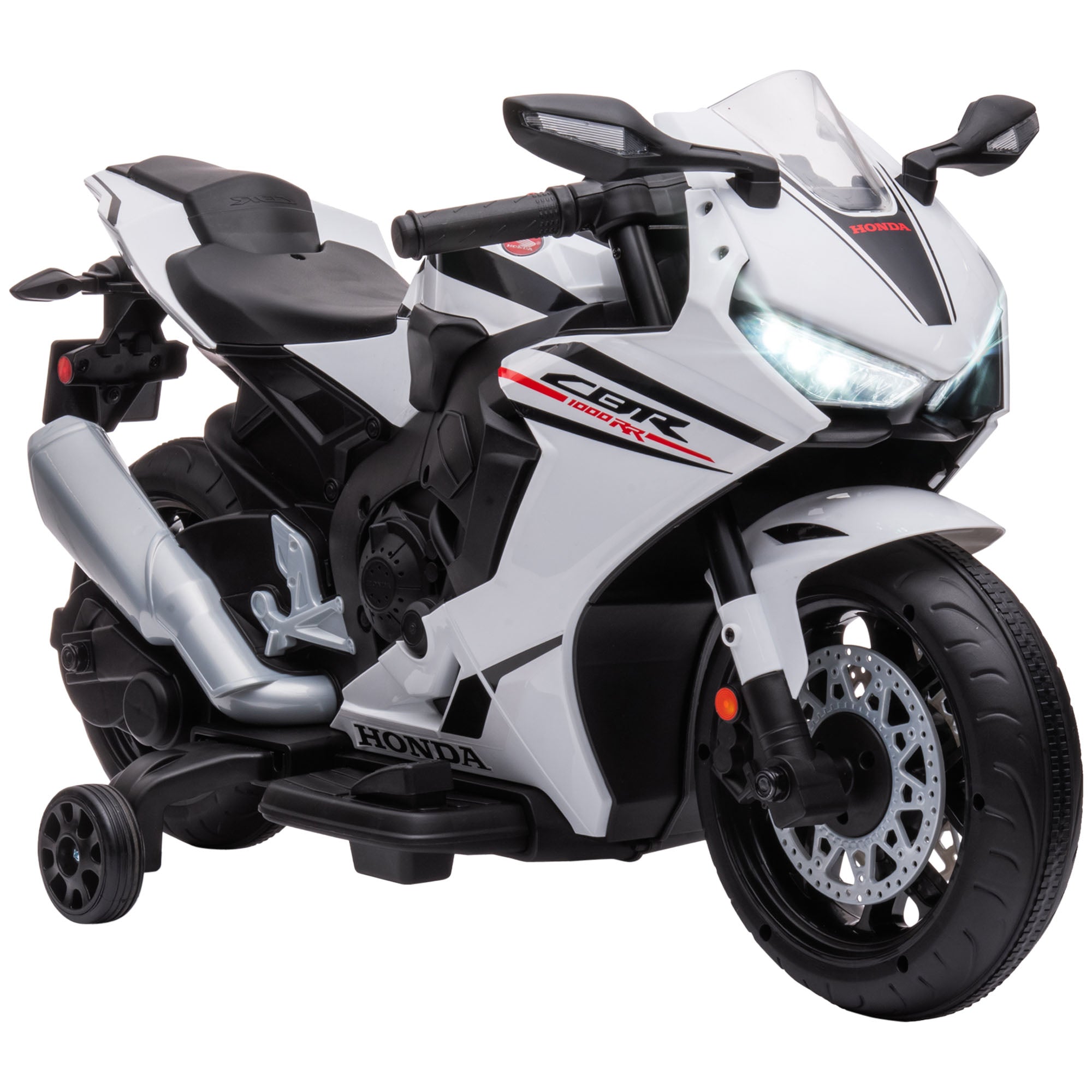HOMCOM 6V Honda Licensed Kids Motorcycle w/ Music, Training Wheels - White - North Peak Garden Furniture