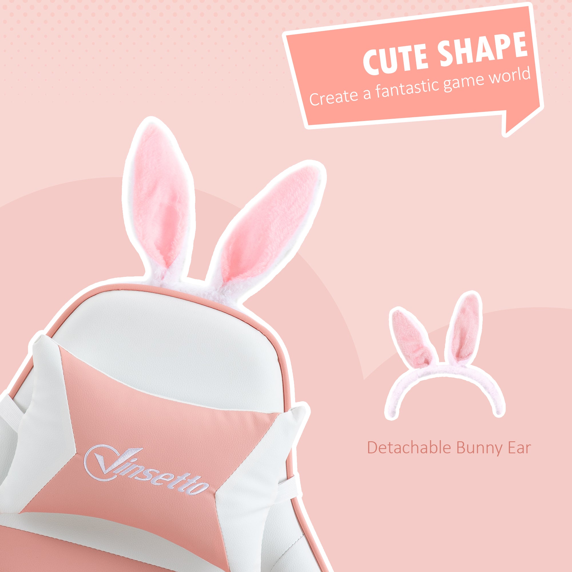 Vinsetto Racing Gaming Chair, Reclining PU Leather Computer Chair with Removable Rabbit Ears, Footrest, Headrest and Lumber Support, Pink - North Peak Garden Furniture
