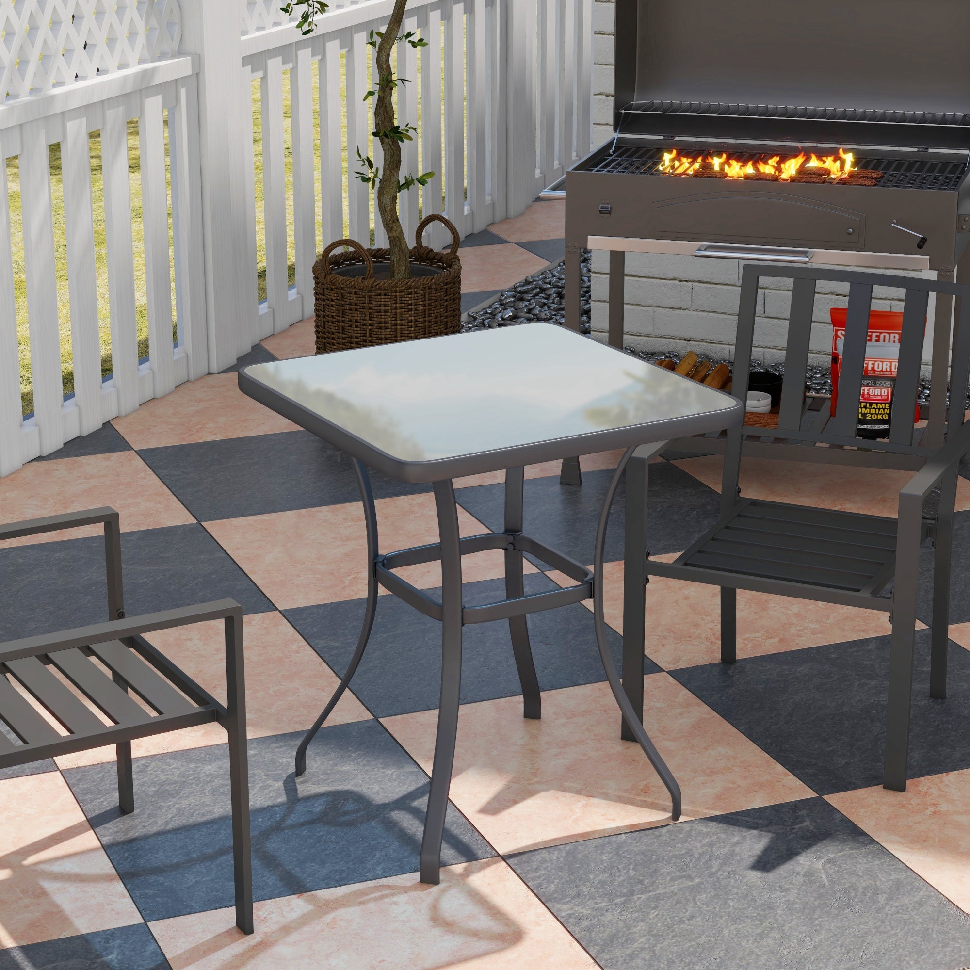 Outsunny Square Garden Table, Outdoor Coffee Table with Tempered Glass Top, Bar Bistro Dining Table, Metal Frame for Patio, Balcony, 68.5 x 68.5 x 84cm - North Peak Garden Furniture
