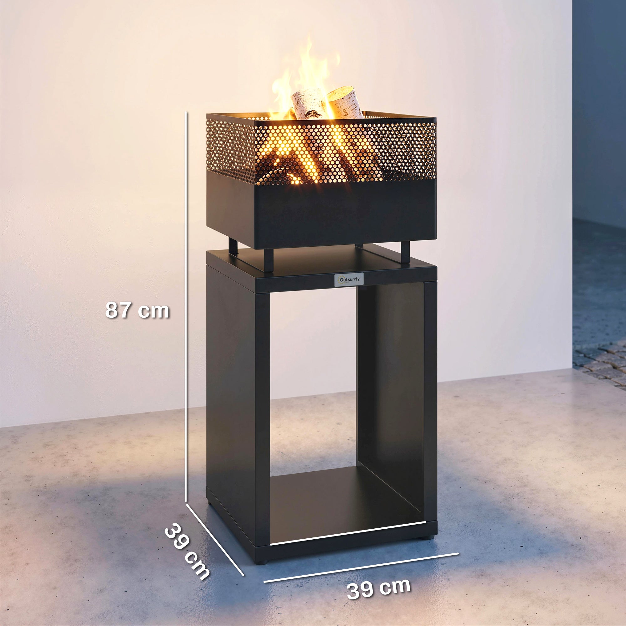 Outsunny Outdoor Fire Pit with Wood Storage Wood Burning Firepit with Mesh Sides 87 cm Black