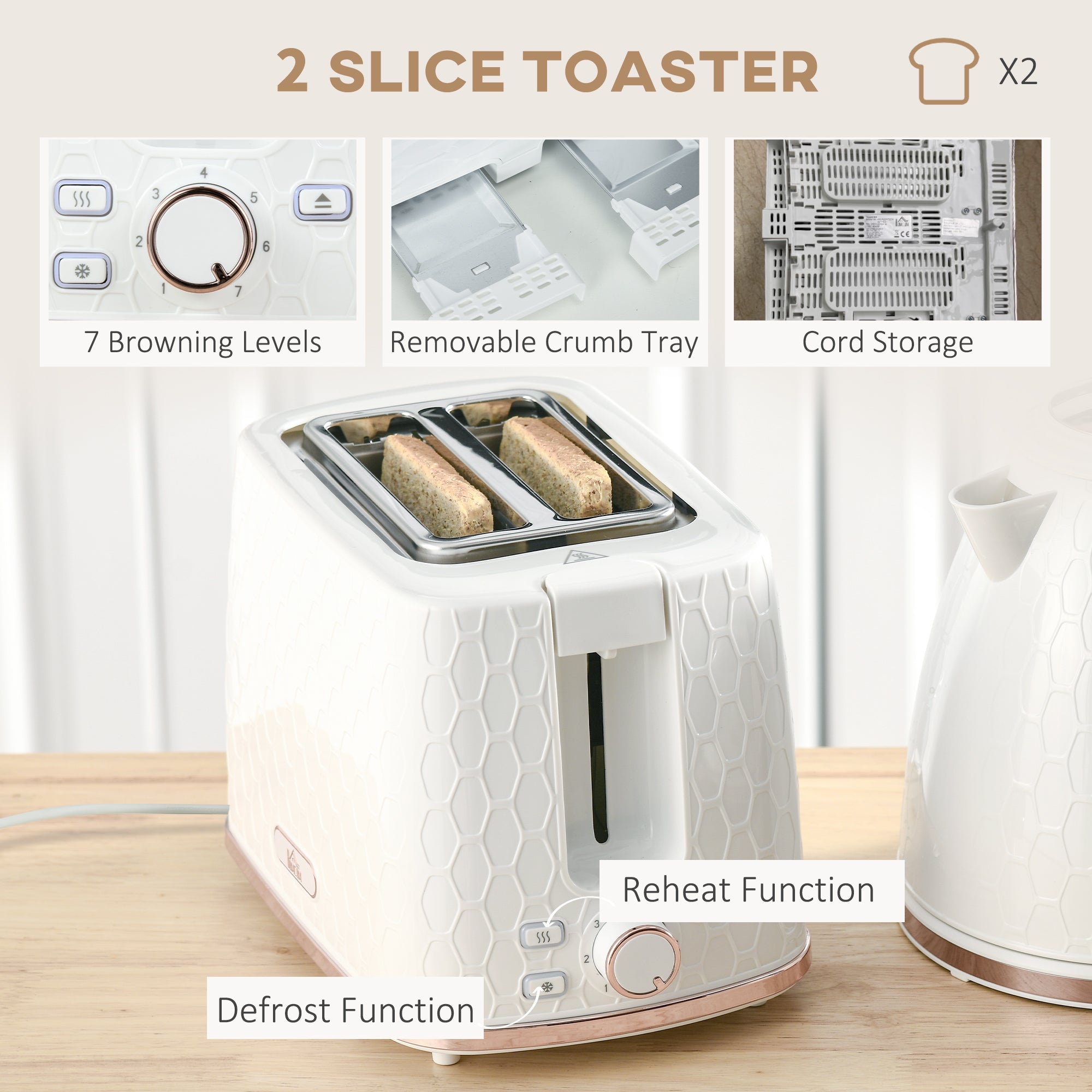 HOMCOM 1.7L 3000W Fast Boil Kettle & 2 Slice Toaster Set, Kettle and Toaster Set with Auto Shut Off, Browning Controls, White - North Peak Garden Furniture