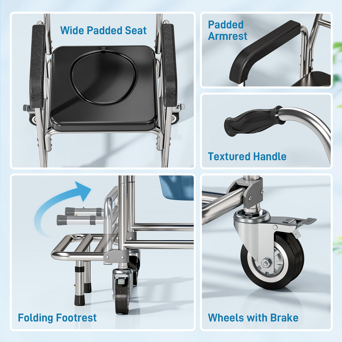 HOMCOM Transport Beside Shower Chair, 3-in-1 Commode Chair with Wheels and Padded Seat, Black