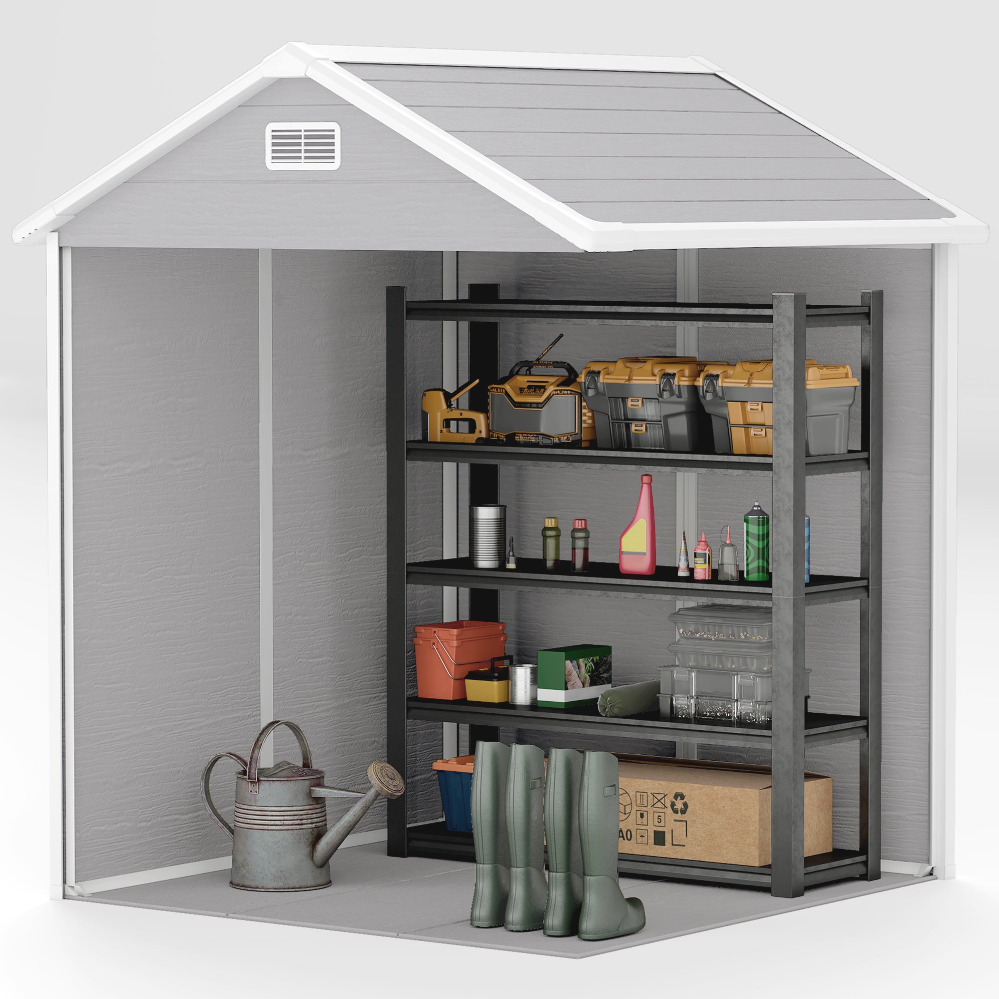Outsunny 6 x 5ft Garden Shed, Plastic Shed with Floor, Window, Lockable Doors and Vents, Wood Effect Resin Tool Shed for Outdoor Patio, Light Grey - North Peak Garden Furniture