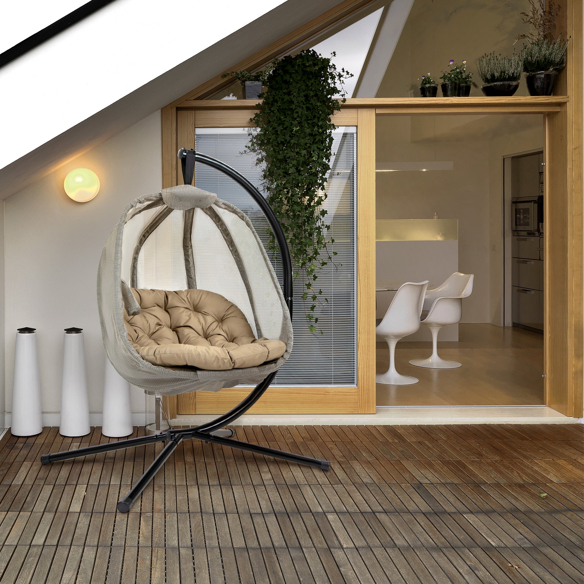 Outsunny Hanging Egg Chair, Folding Texteline Swing Hammock with Side Pocket, Cushion and Stand for Indoor Outdoor, Patio Garden Furniture, Khaki - North Peak Garden Furniture