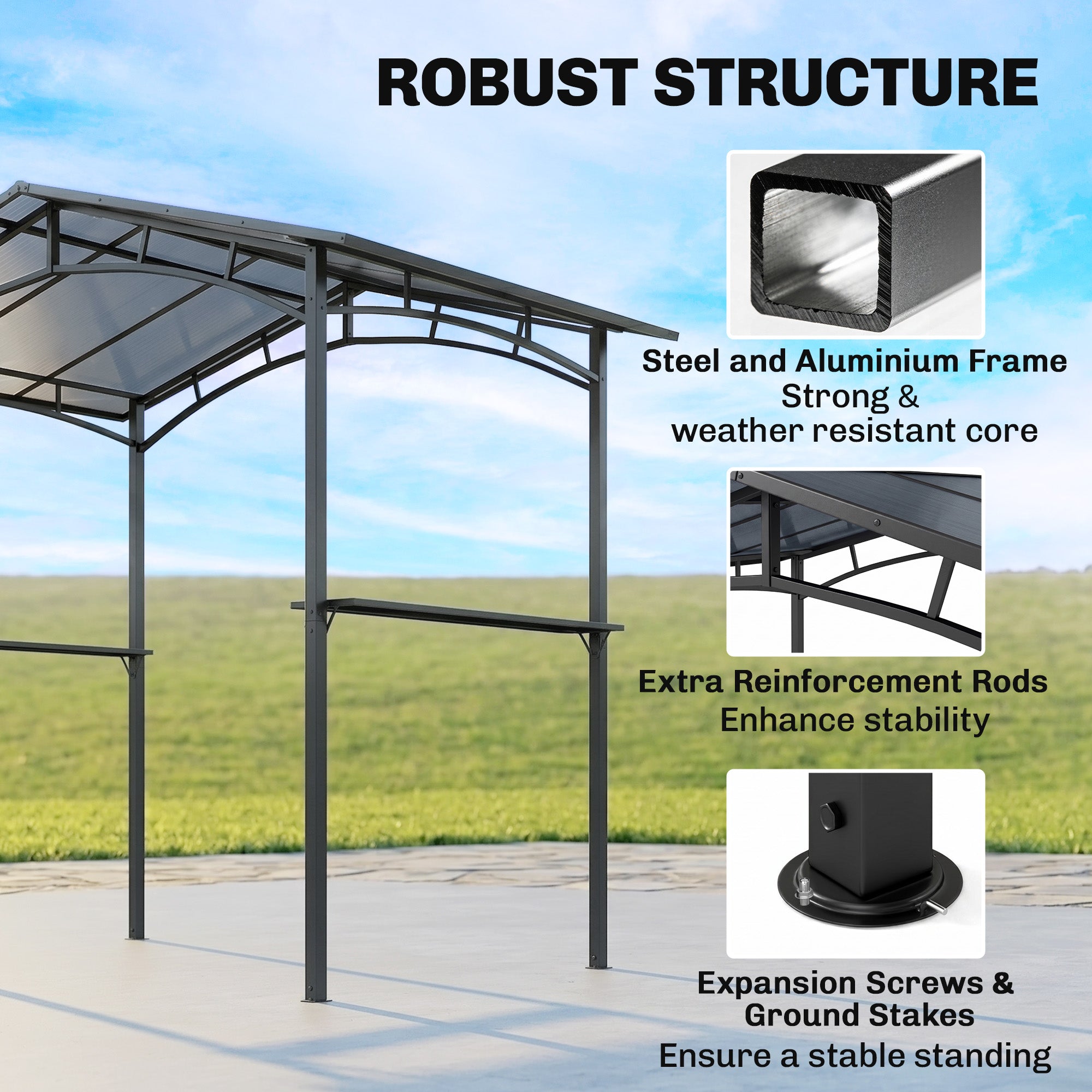 Outsunny 8ft x 5ft Outdoor BBQ Protective Gazebo Tent Aluminium Steel Frame w/ 2 Shelves Hardtop Roof Canopy Ground Stakes Safe Cooking