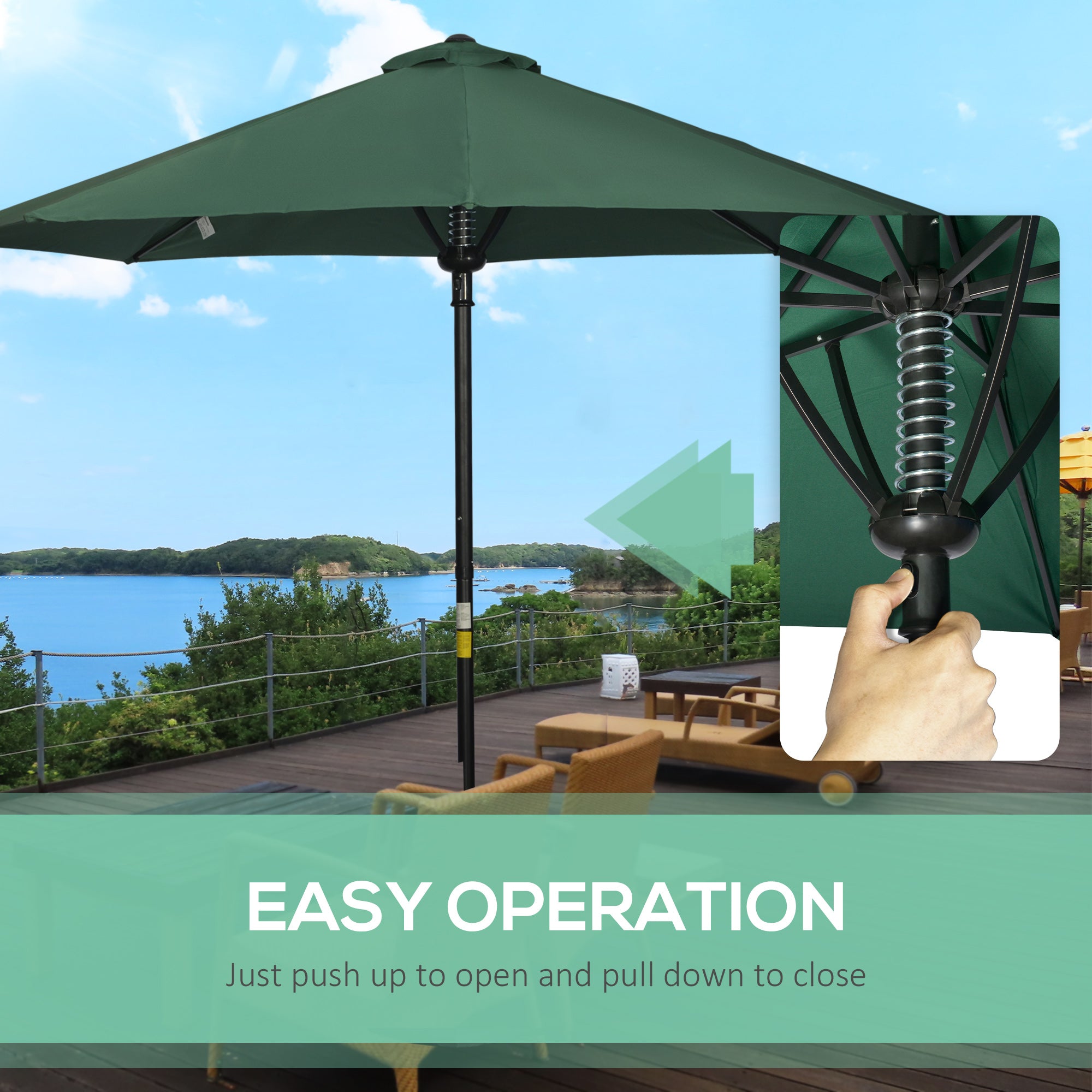 Outsunny Garden 3(m) Parasol Umbrella, Outdoor Market Table Umbrella Sun Shade Canopy with 8 Ribs, Easy Push to Open, Green