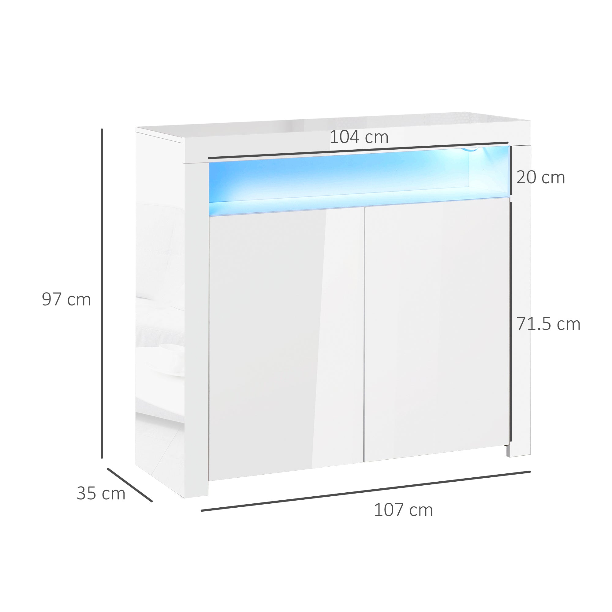 HOMCOM LED Storage Cabinet, Cupboard with High Gloss Front and RGB Lighting, Modern Sideboard for Entryway, Dining Area, Living Room, White - North Peak Garden Furniture