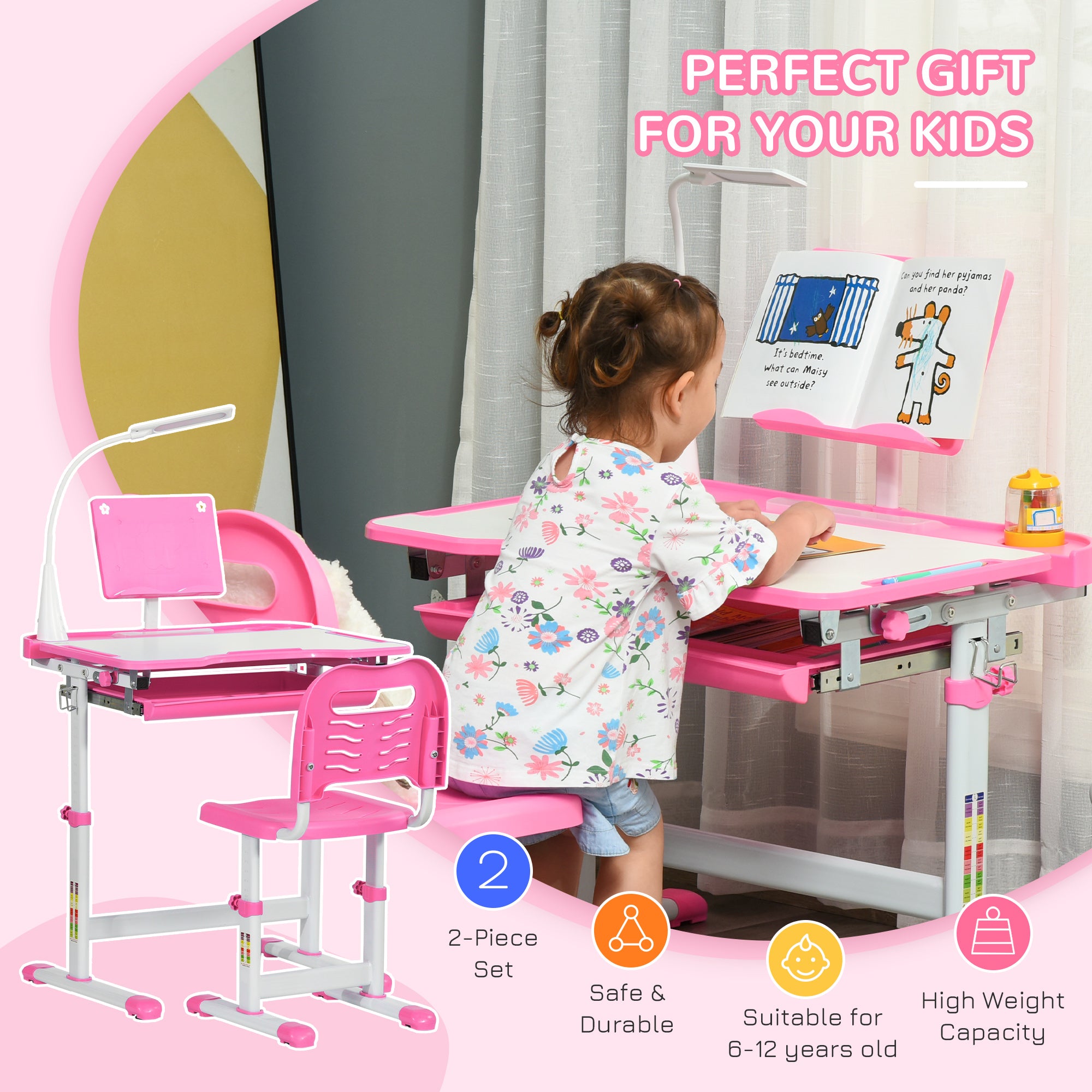 HOMCOM Kids Study Desk and Chair Set w/ Adjustable Height, Storage, Drawer, Pink